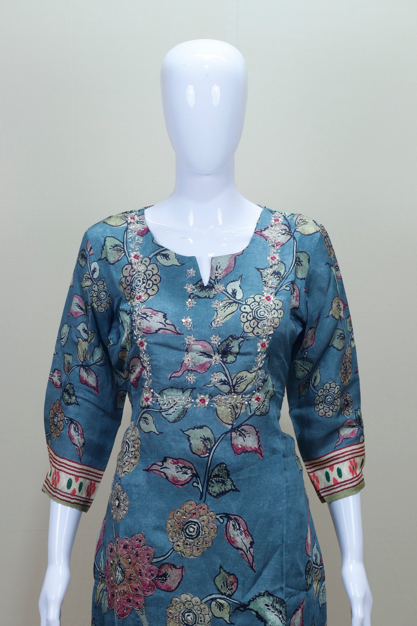 Blue Printed Cotton Kurti with Pant Set Casual Office Wear