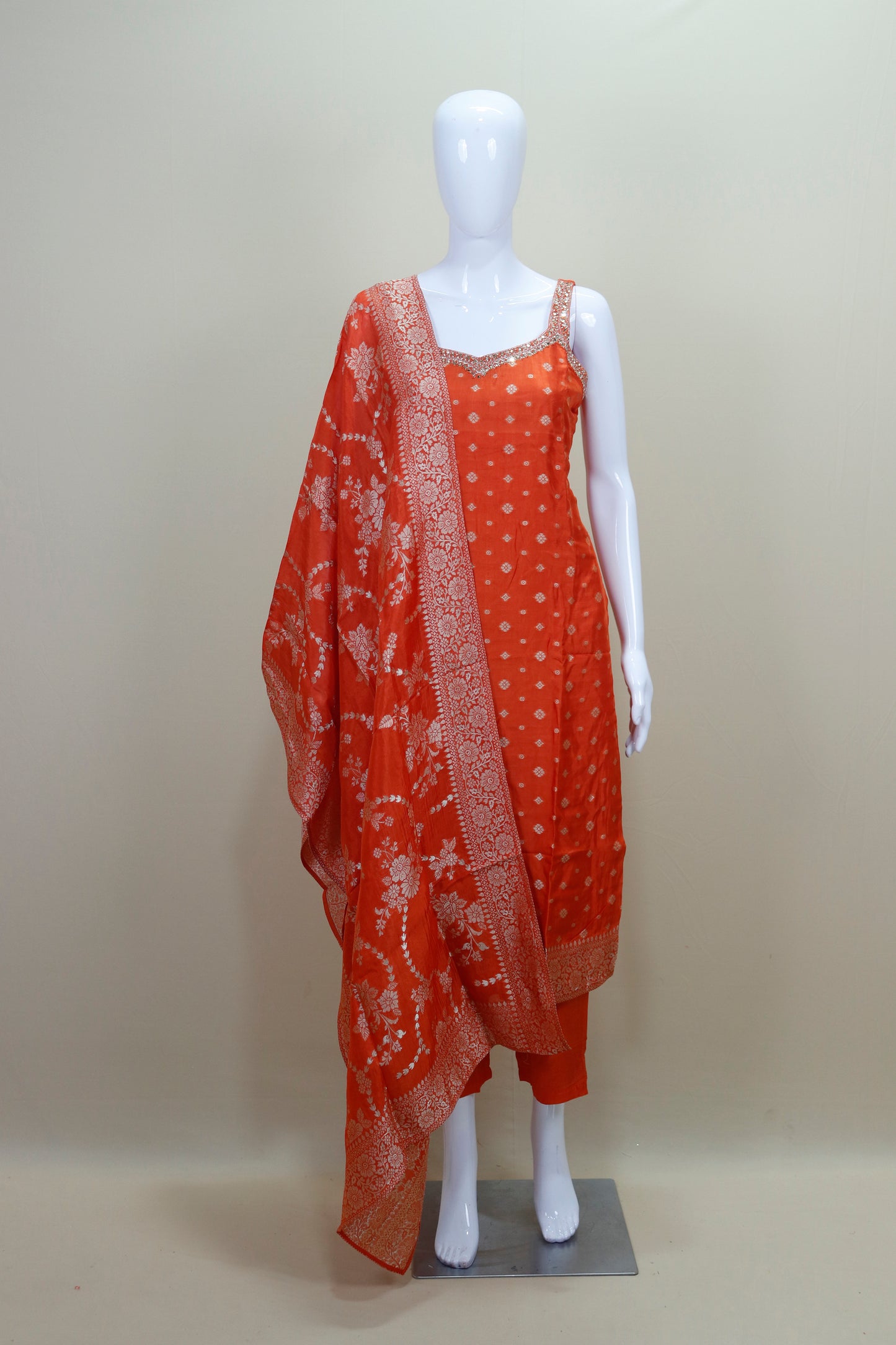 Orange Banarasi Silk Salwar Suit with Dupatta