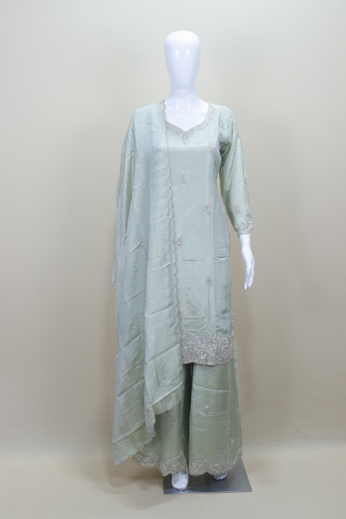 Pastel Green Kurti with Palazzo and Dupatta Set for Party Wear