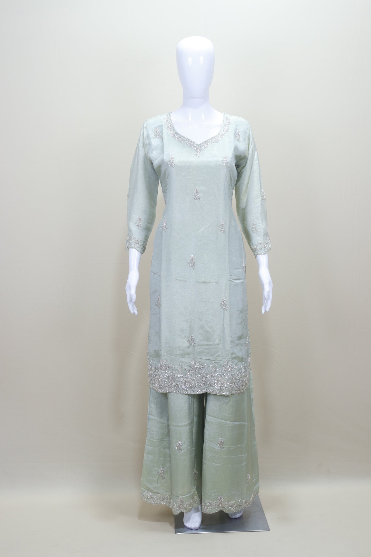 Pastel Green Kurti with Palazzo and Dupatta Set for Party Wear