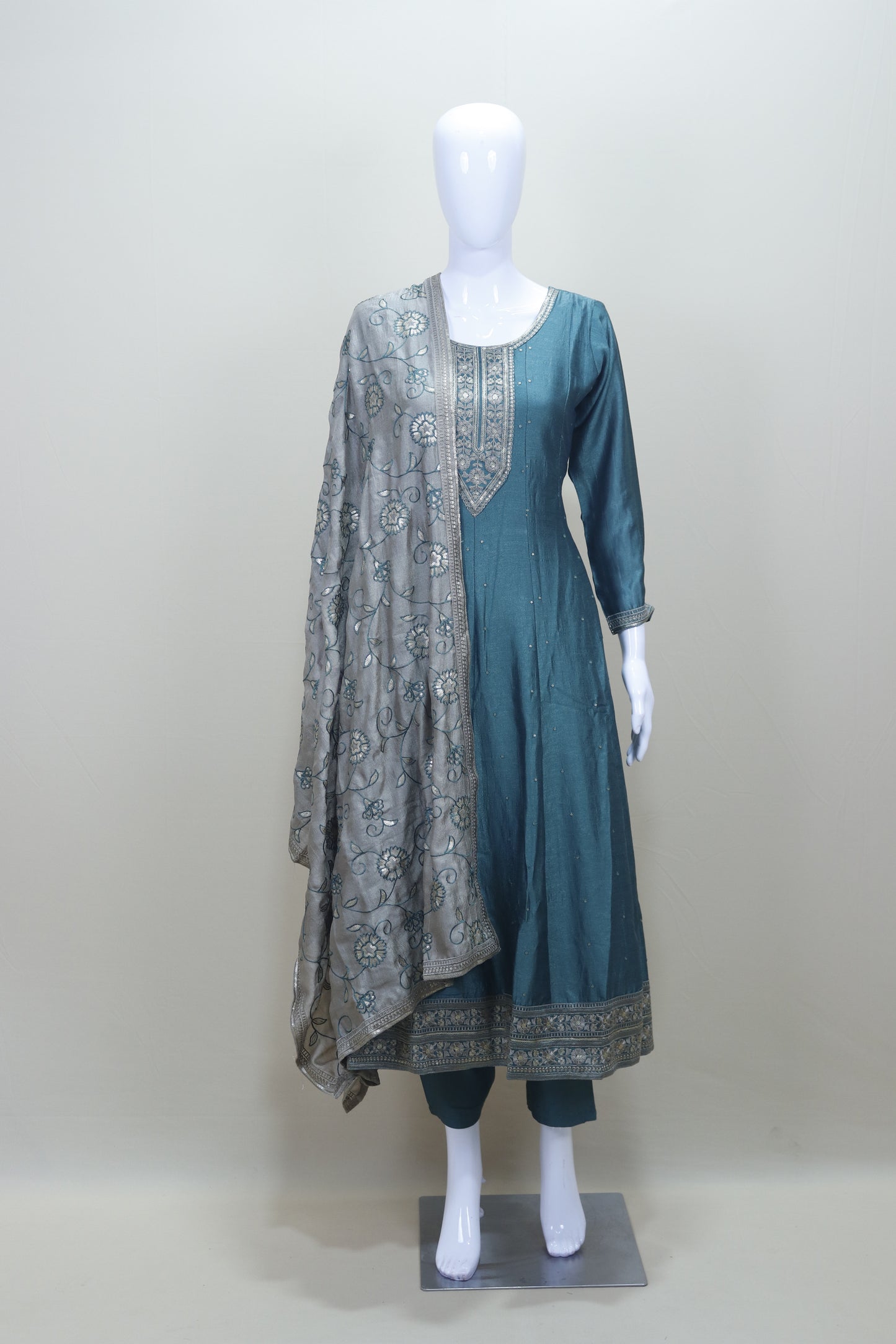Teal Blue Embroidered Anarkali Suit with Churidar and Dupatta