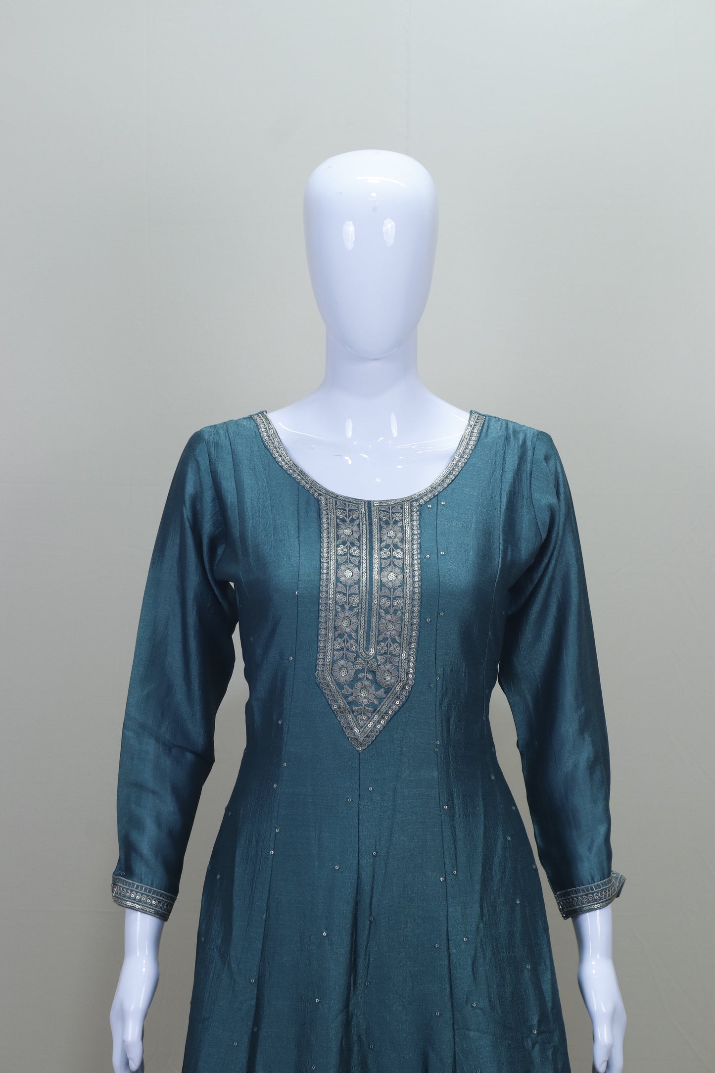 Teal Blue Embroidered Anarkali Suit with Churidar and Dupatta
