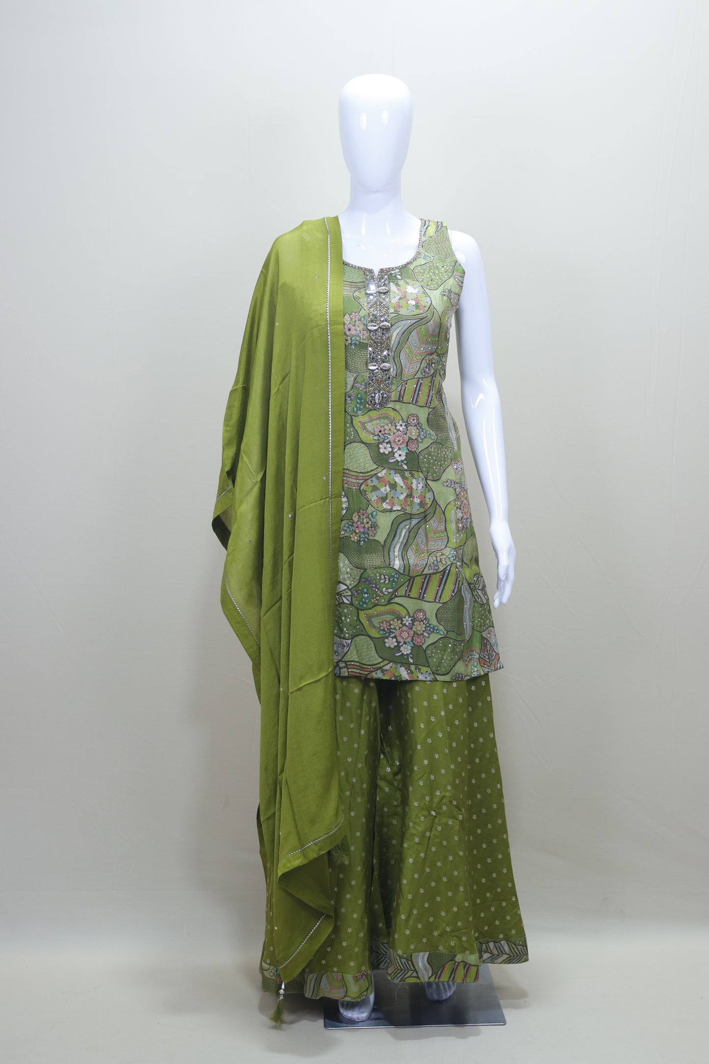 Green Printed Kurti with Palazzo and Dupatta Set for Stylish Party Wear