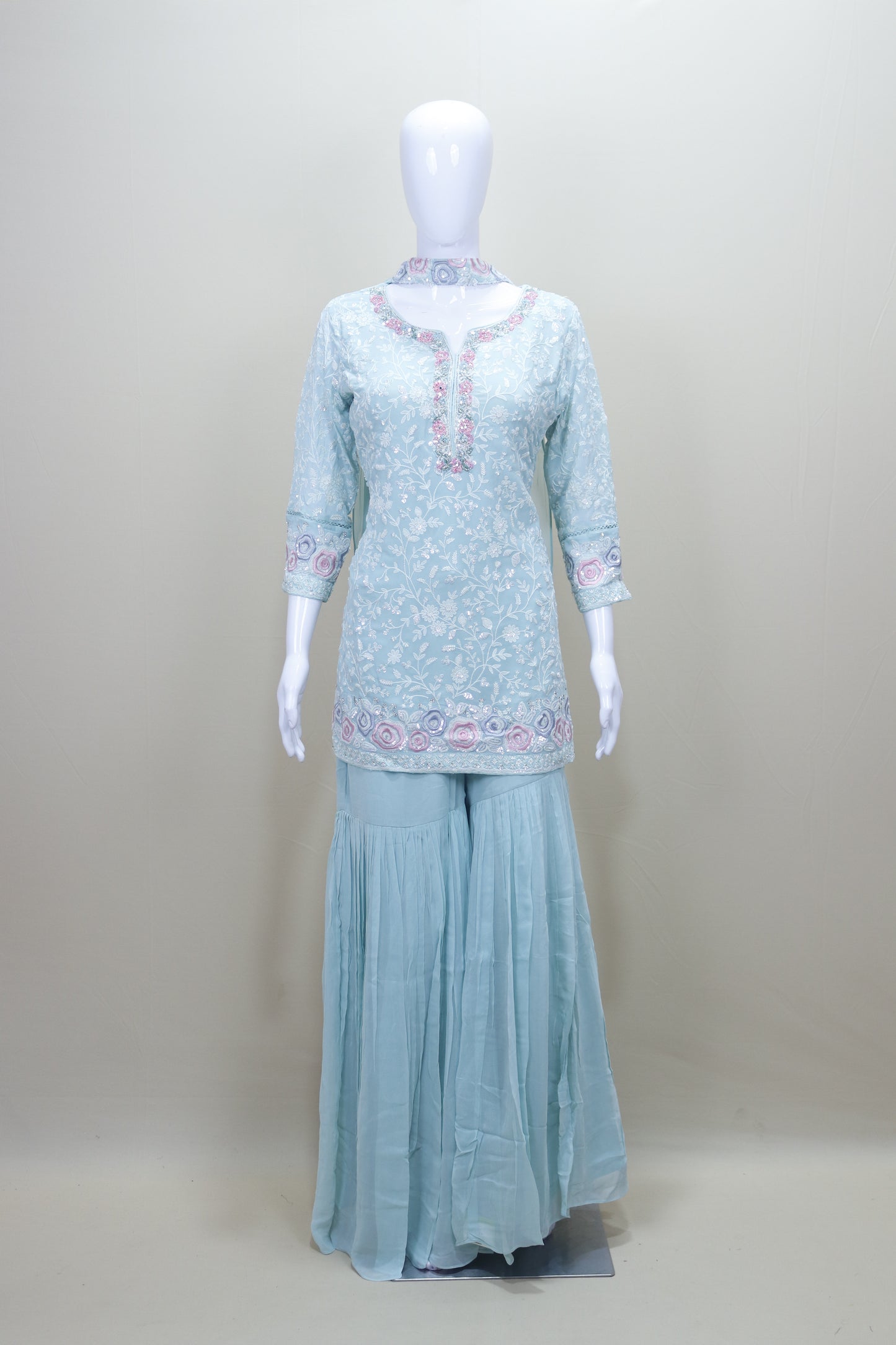 Sky Blue Kurti with Sharara Set for Party Wear Ethnic Outfit