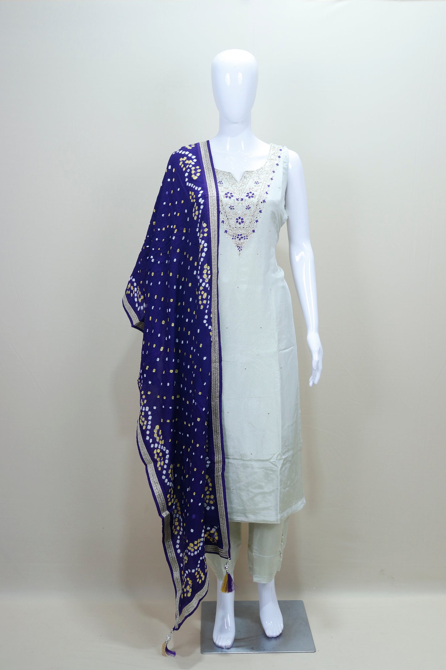 White Sleeveless Kurta Set with Blue Bandhani Dupatta Neckline Ethnic Wear