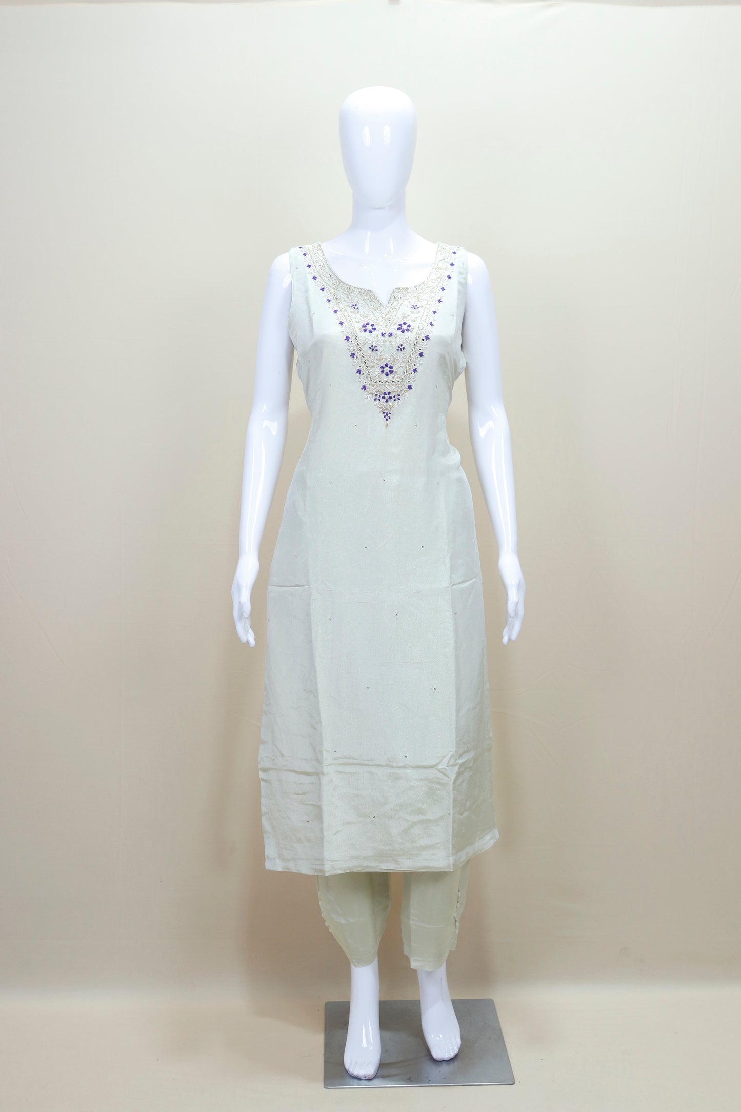 White Sleeveless Kurta Set with Blue Bandhani Dupatta Neckline Ethnic Wear