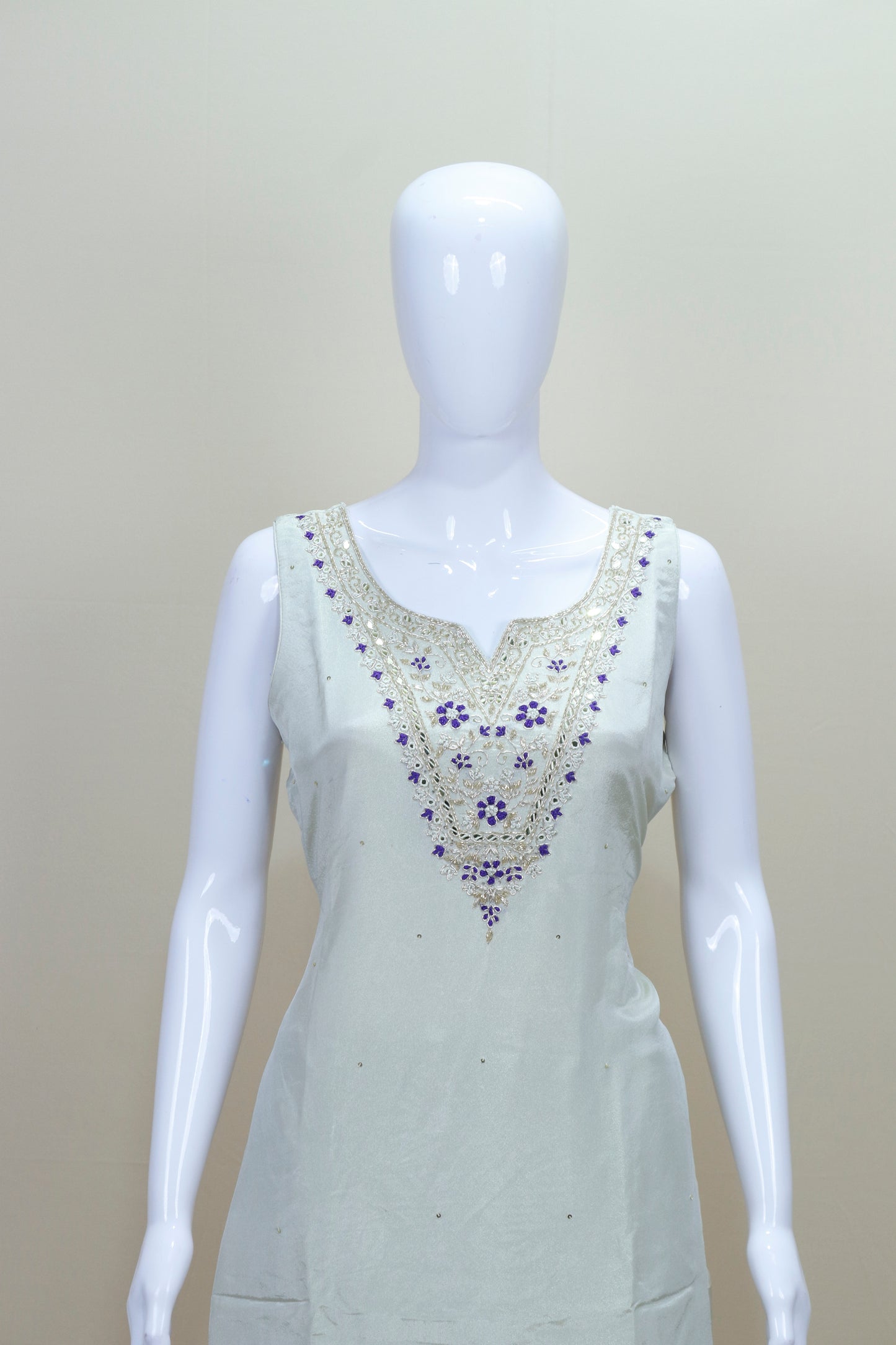 White Sleeveless Kurta Set with Blue Bandhani Dupatta Neckline Ethnic Wear