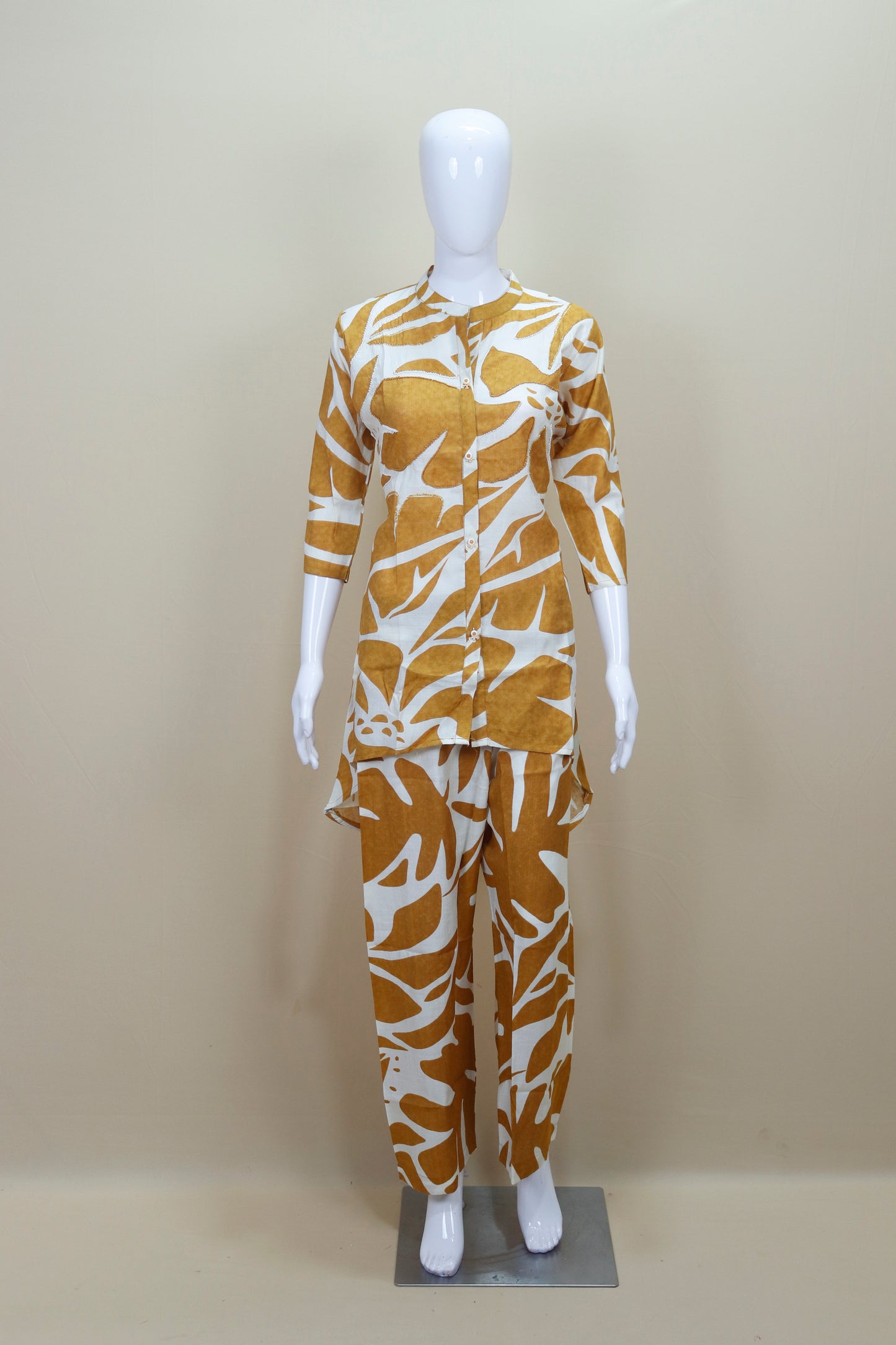 Mustard Yellow White Printed Co-Ord Set Button Down Shirt