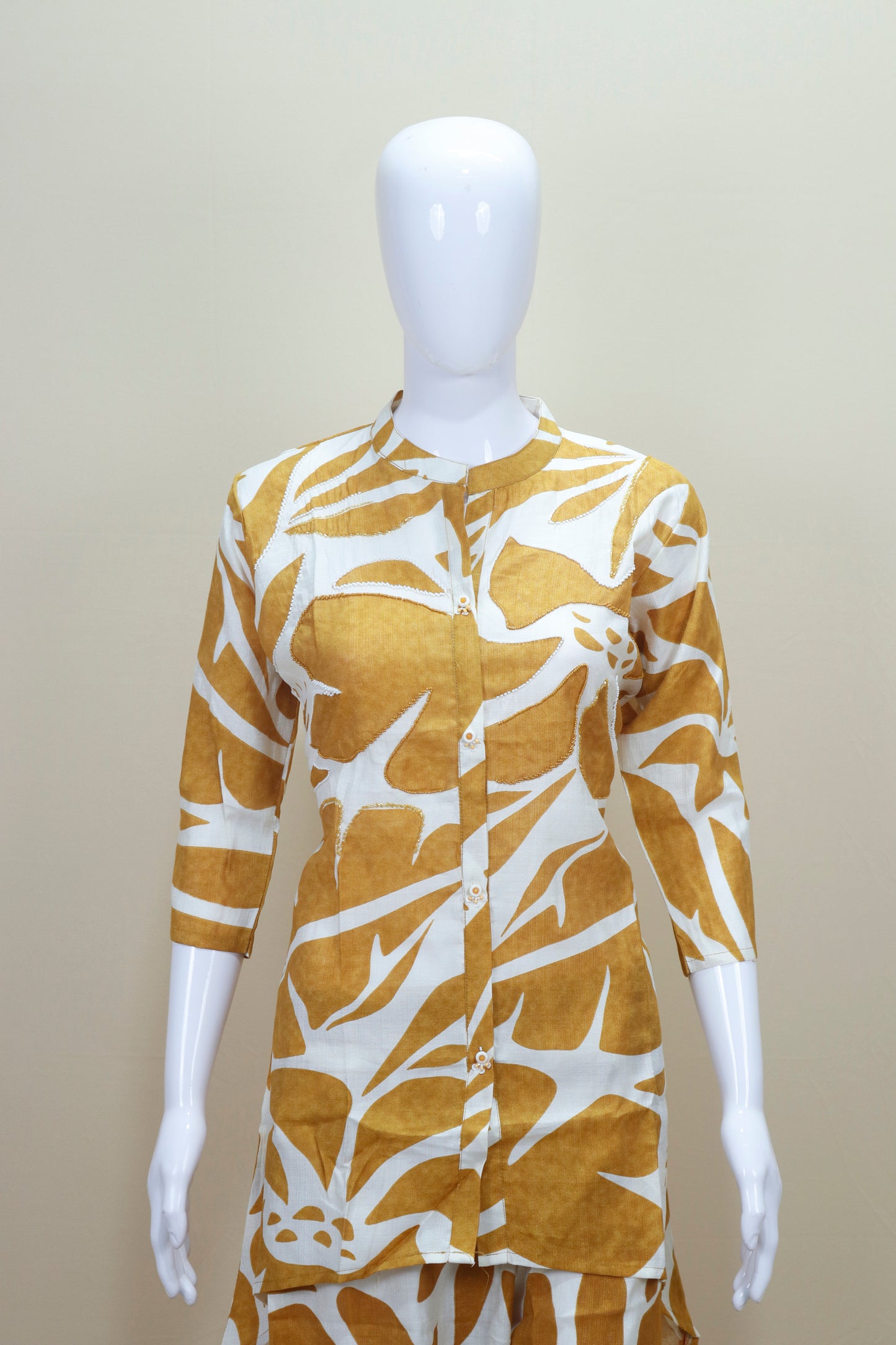 Mustard Yellow White Printed Co-Ord Set Button Down Shirt