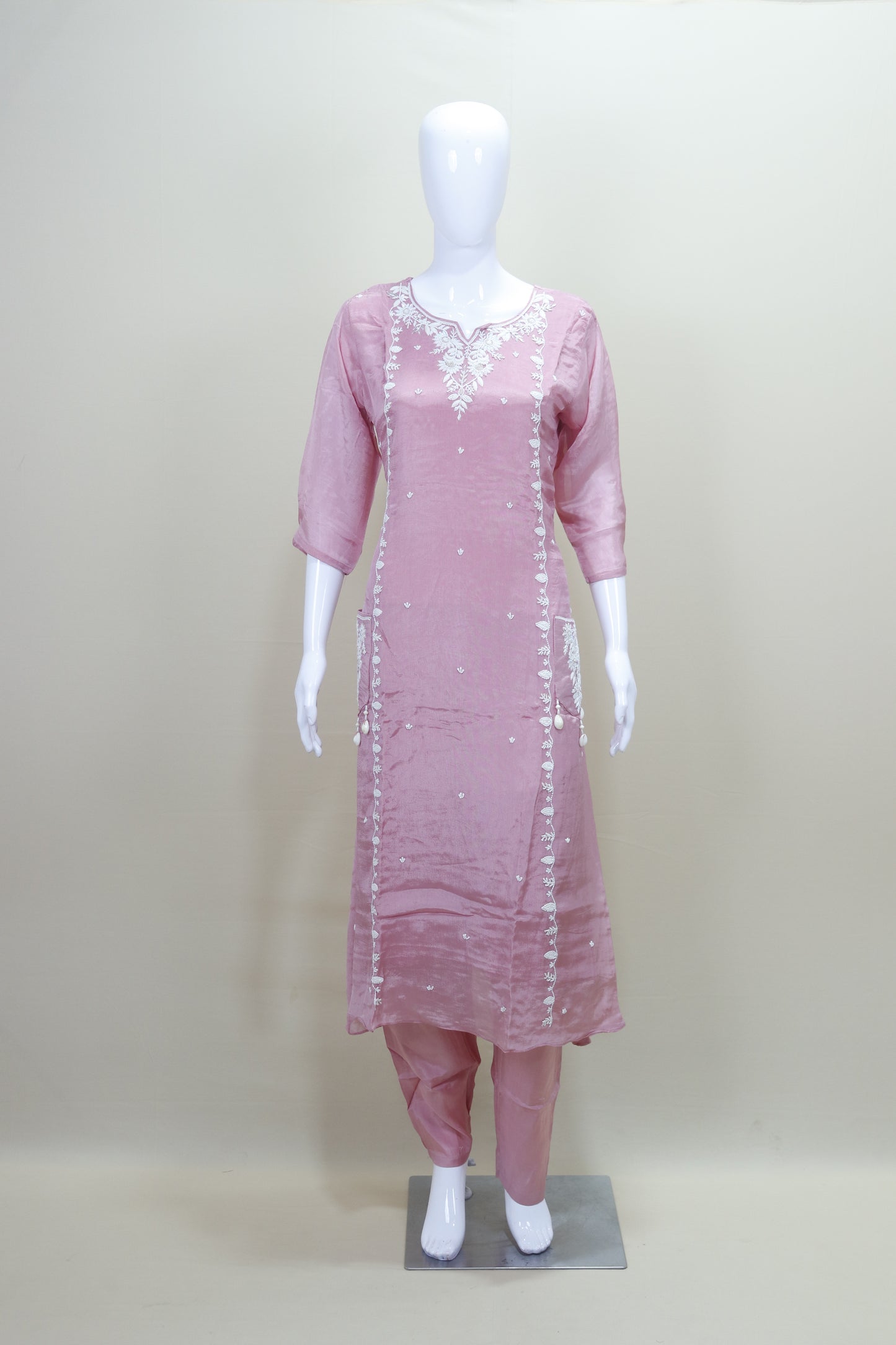 Dusty Pink Kurta Set with White Silk Blend Salwar Suit
