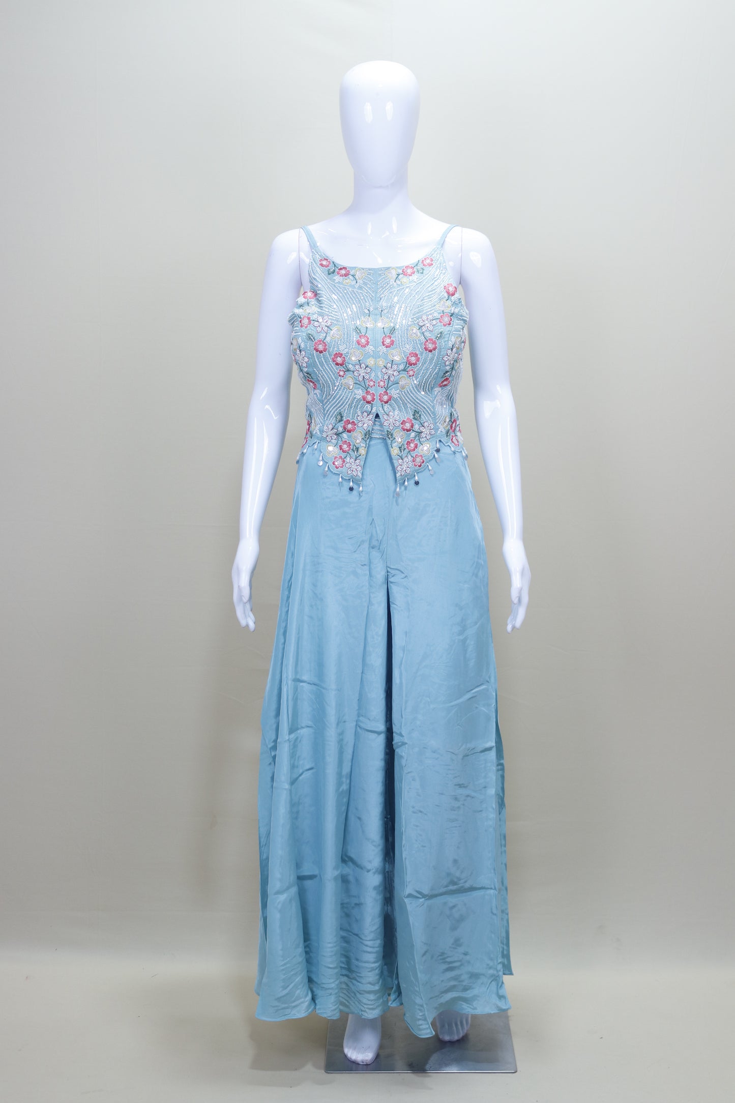 Designer Sky Blue Embroidered Gown Sleeveless Party Wear