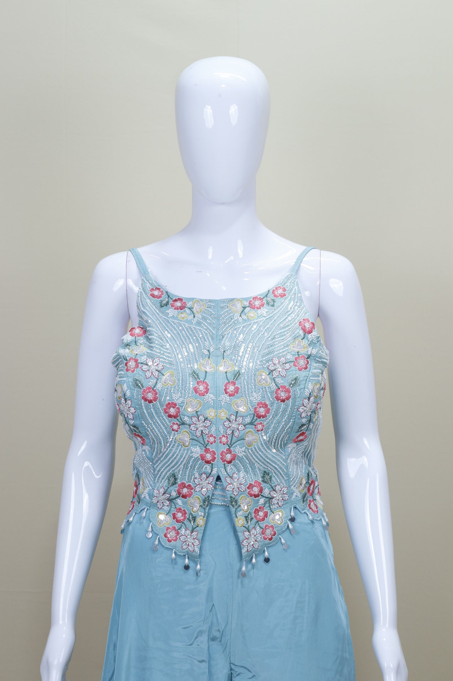 Designer Sky Blue Embroidered Gown Sleeveless Party Wear