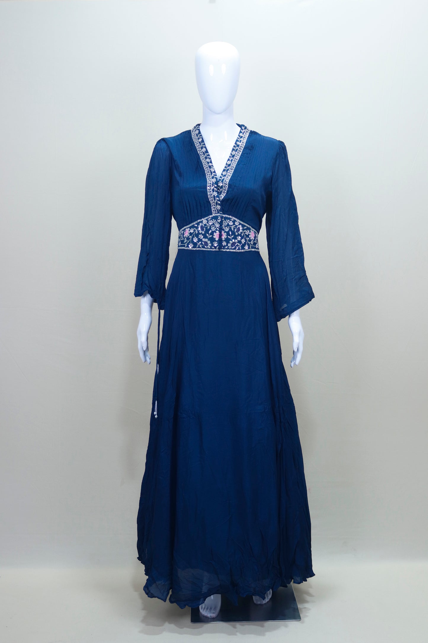 Navy Blue Maxi Dress Ethnic Long Gown with V-Neck Flared Sleeves