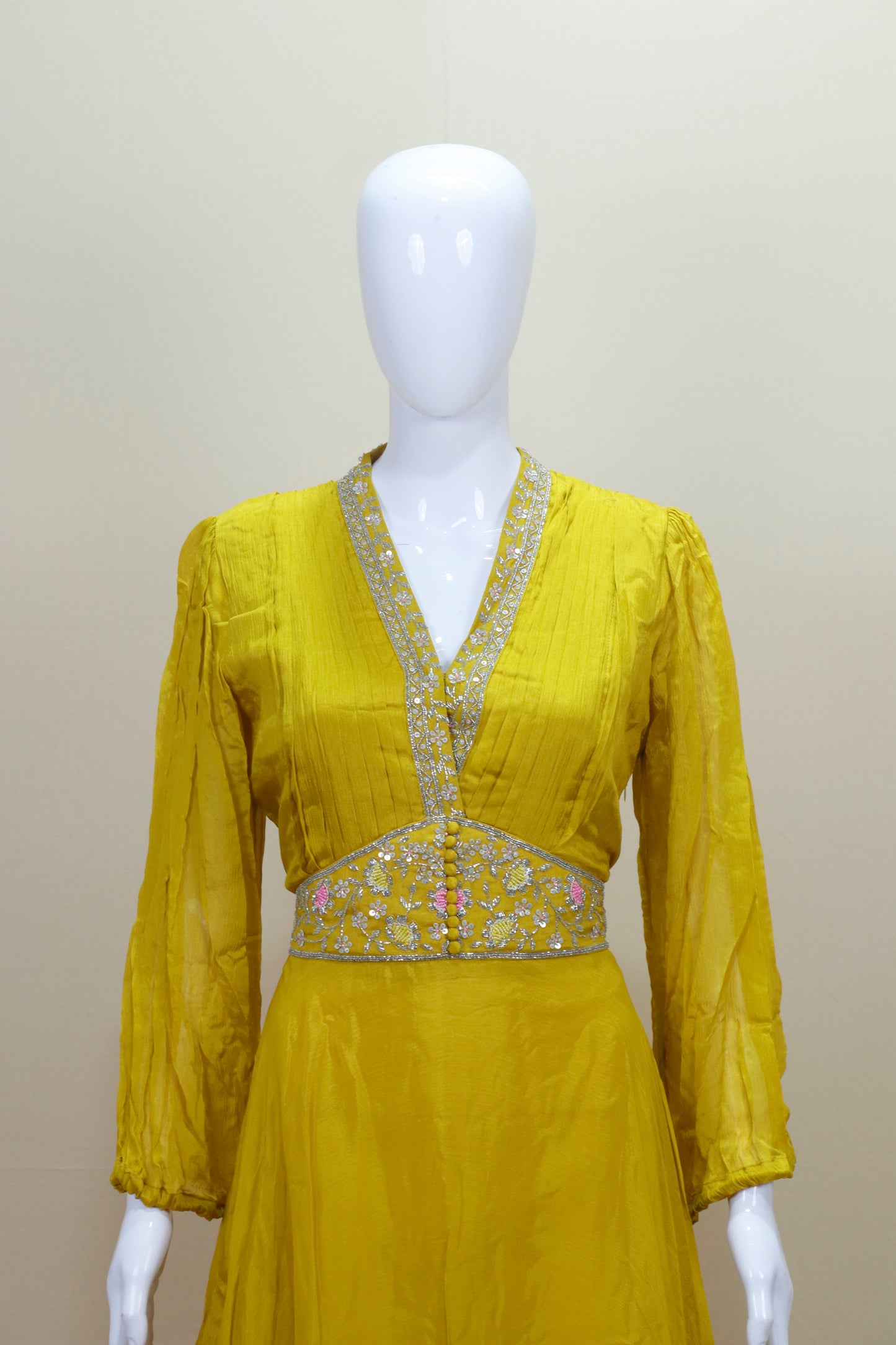 Designer Mustard Yellow Anarkali Gown with Waist & V-Neckline