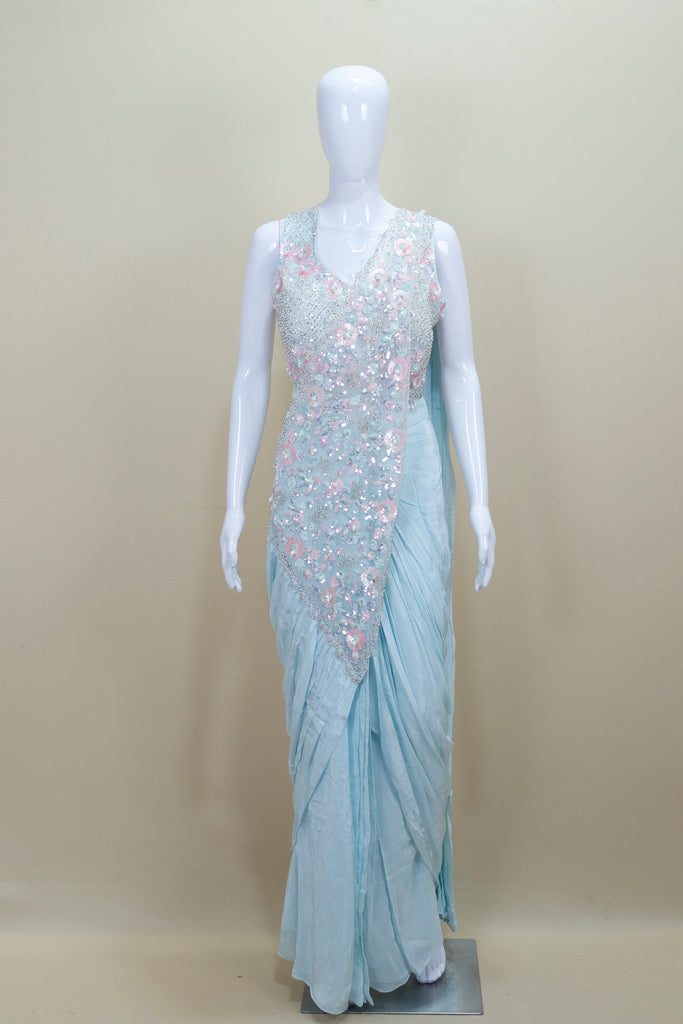 Designer Light Blue Saree Gown Detailing Party Wedding Wear