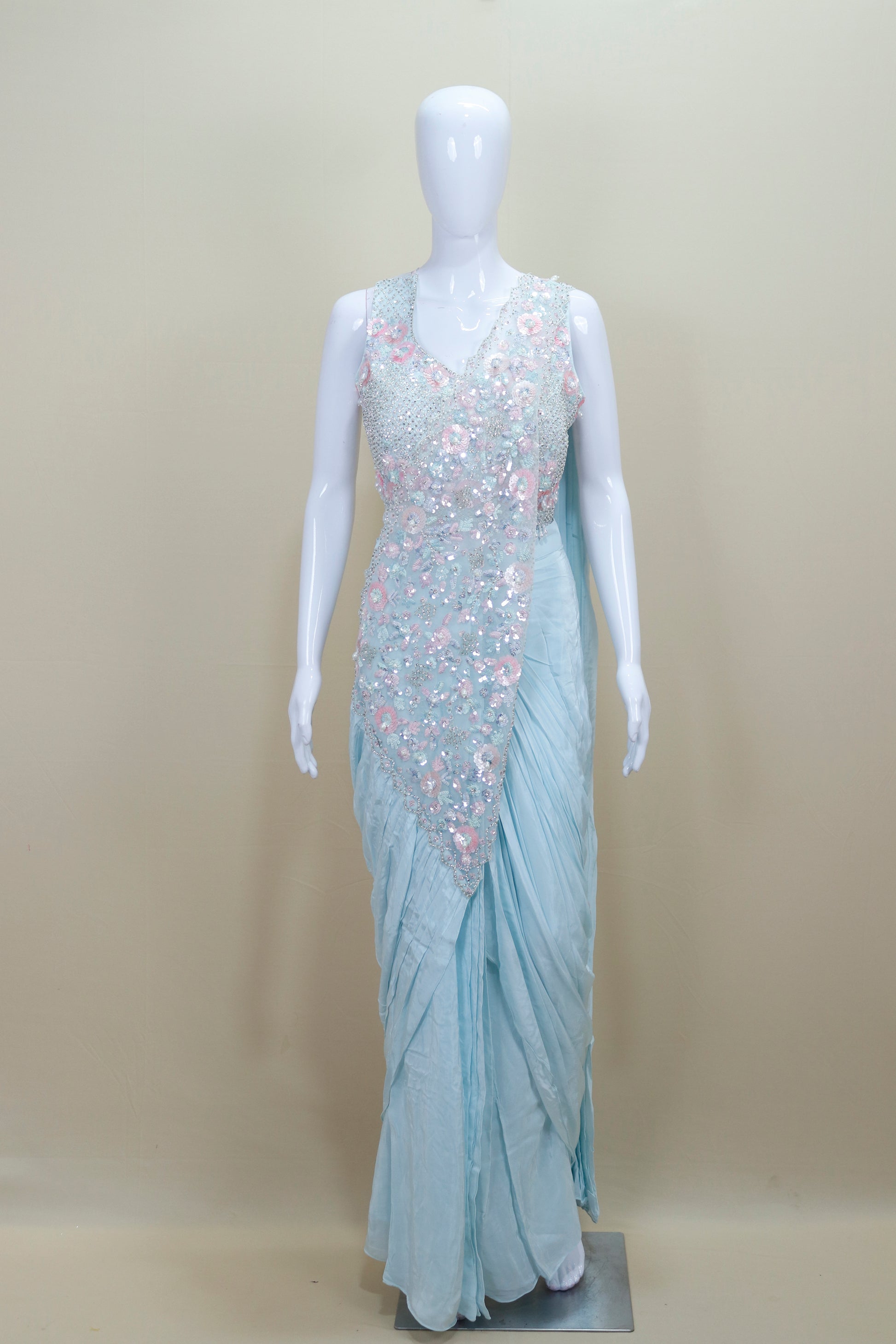 Designer Light Blue Saree Gown Detailing Party Wedding Wear
