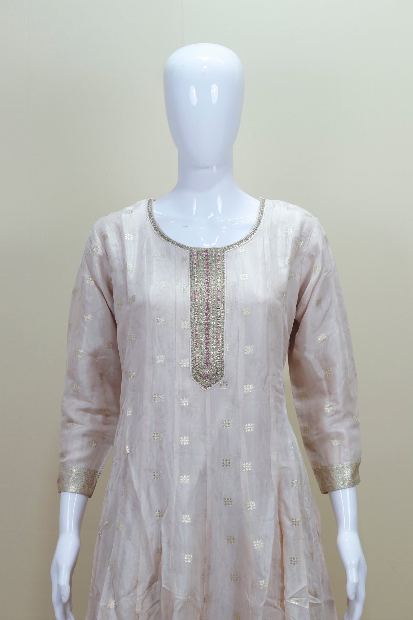 Elegant Beige Silk Anarkali Suit with Pink Banarasi Dupatta