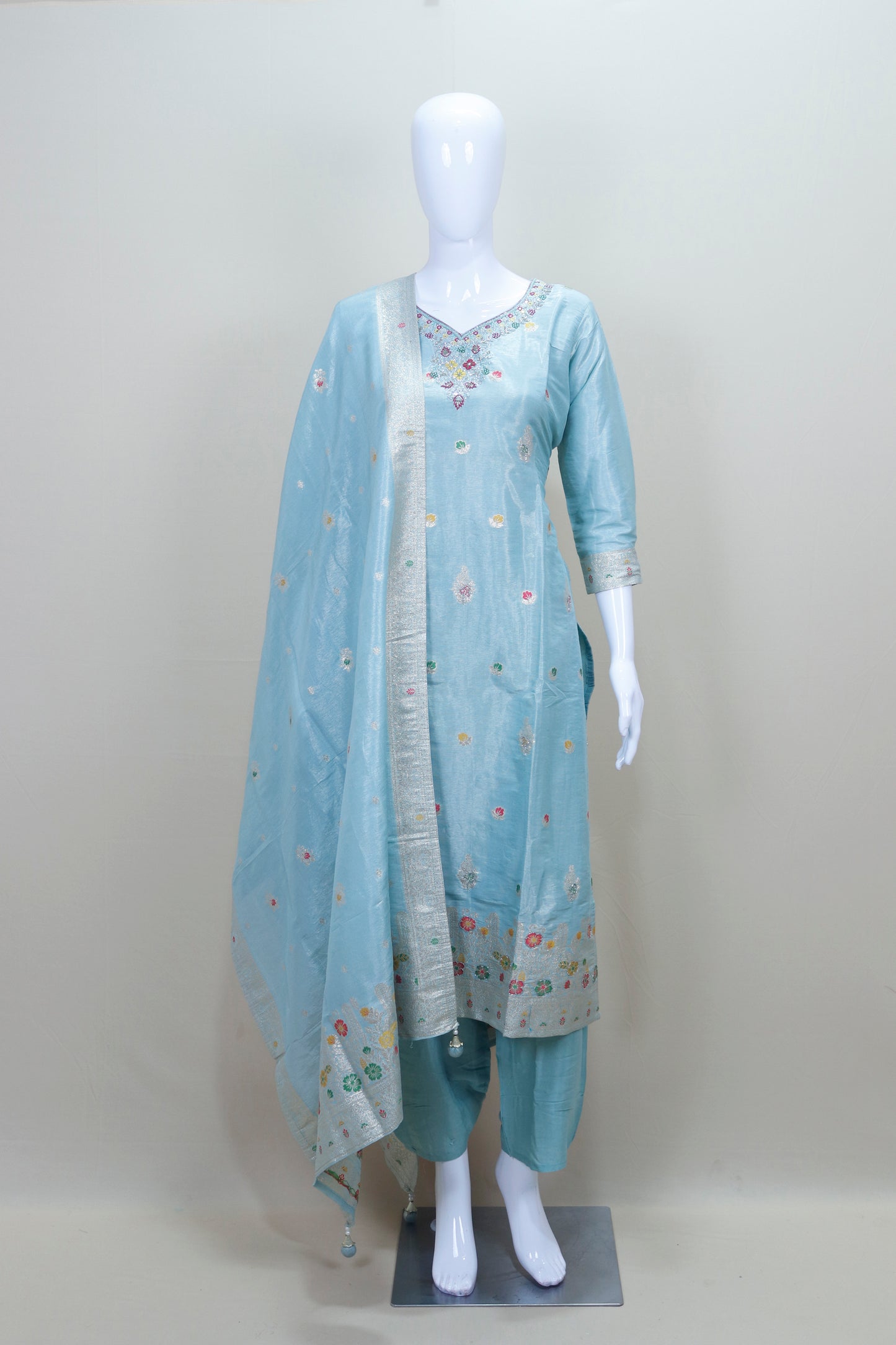 Sky Blue Embroidered Silk Salwar Suit with Dupatta