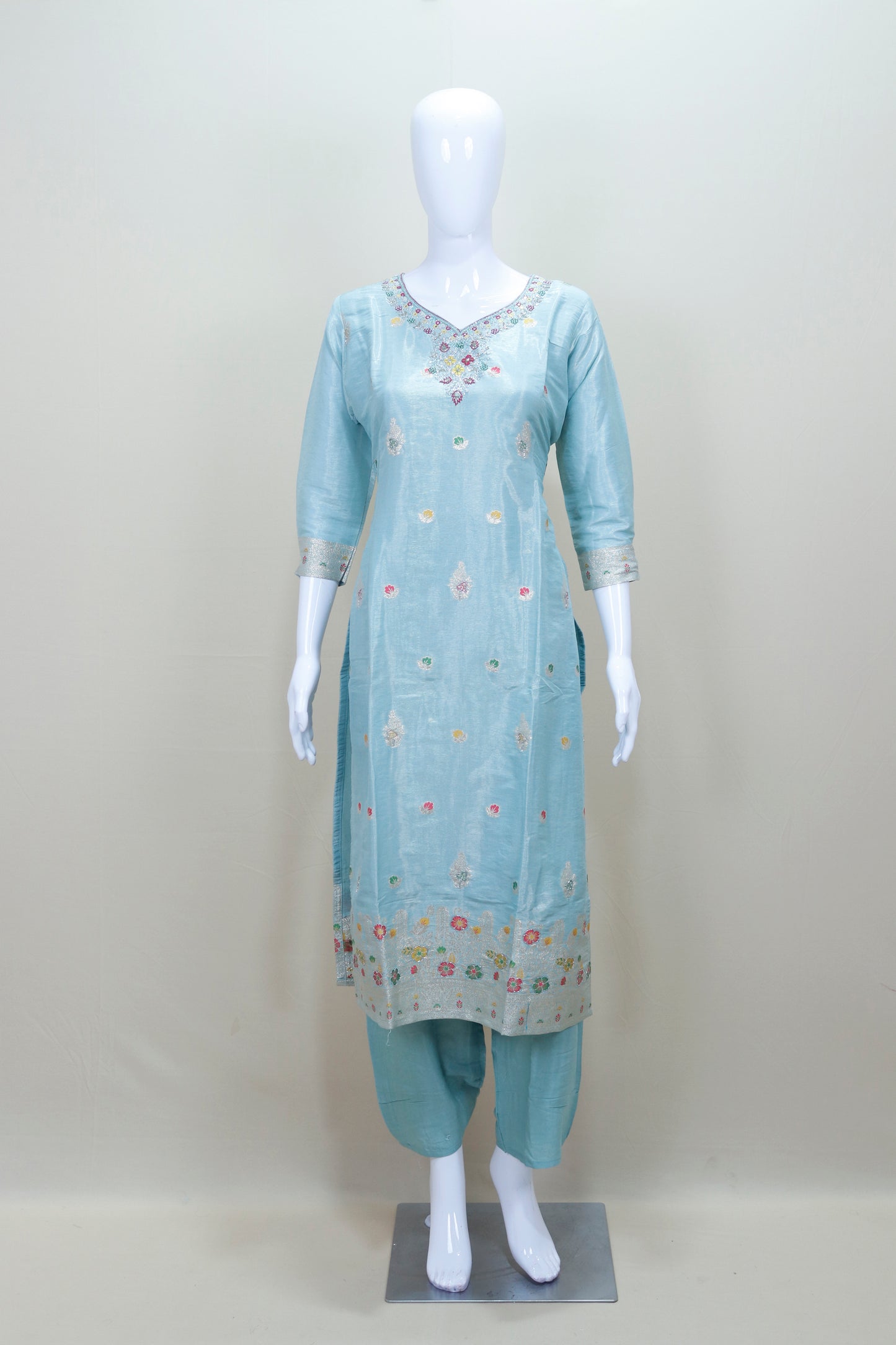 Sky Blue Embroidered Silk Salwar Suit with Dupatta