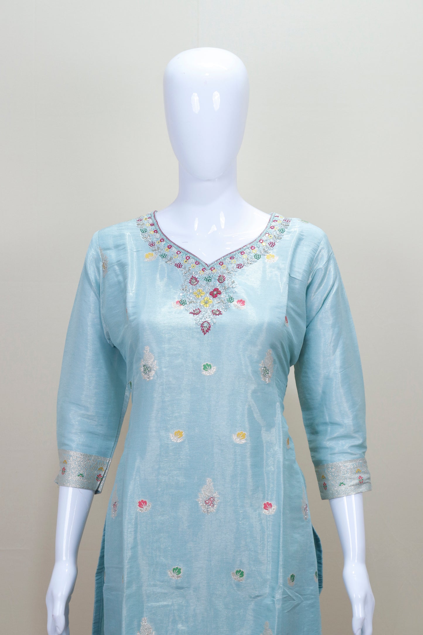 Sky Blue Embroidered Silk Salwar Suit with Dupatta