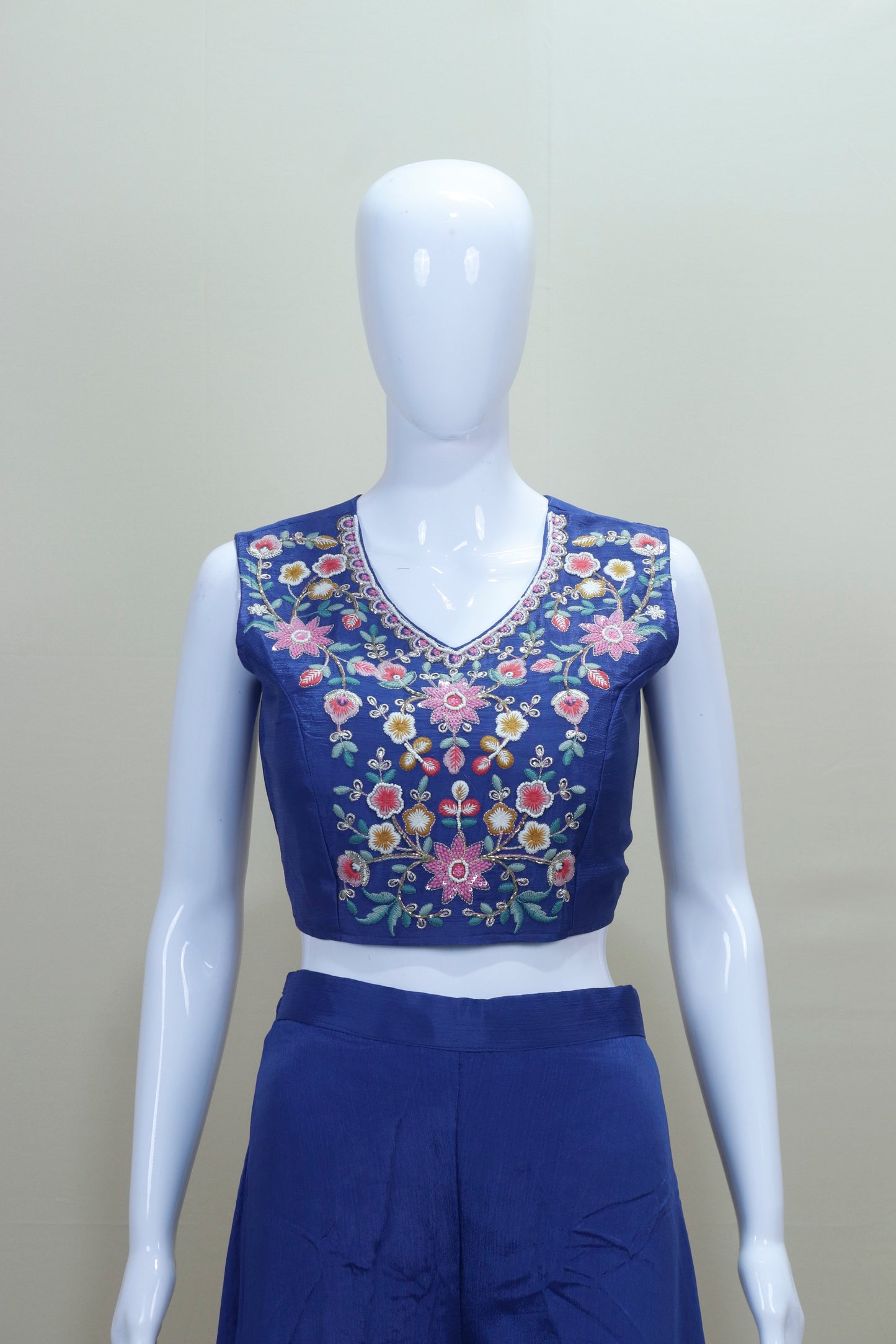 Navy Blue Three Piece Crop Top Palazzo Long Jacket Party Wear