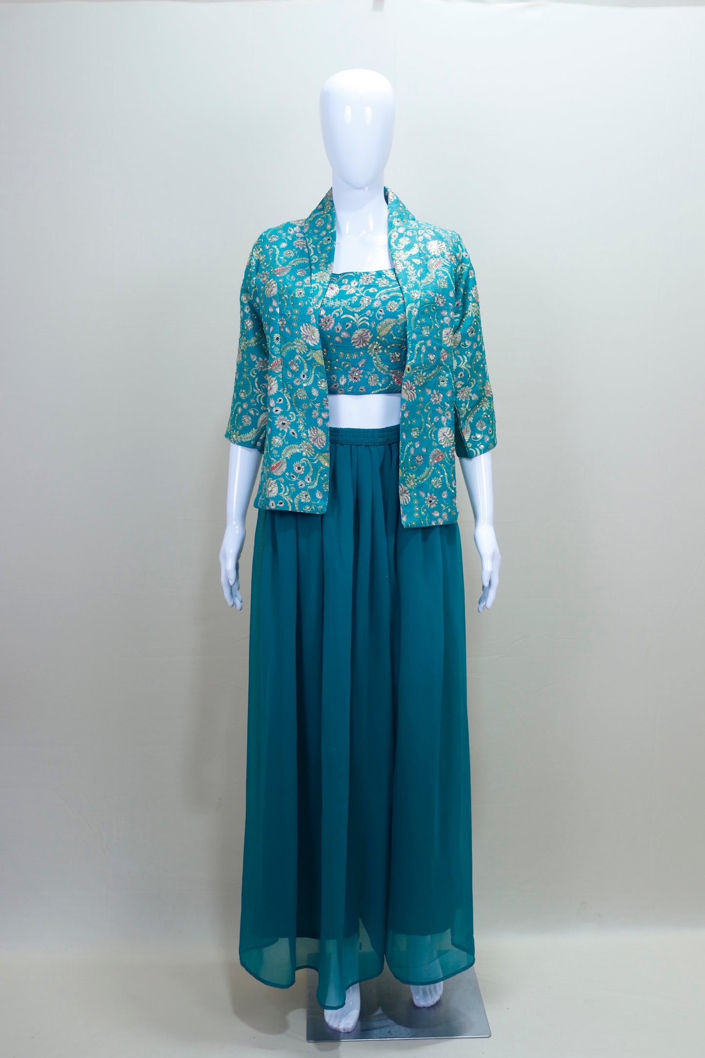 Teal Green Three Piece Crop Top Long Skirt Jacket Party Wear