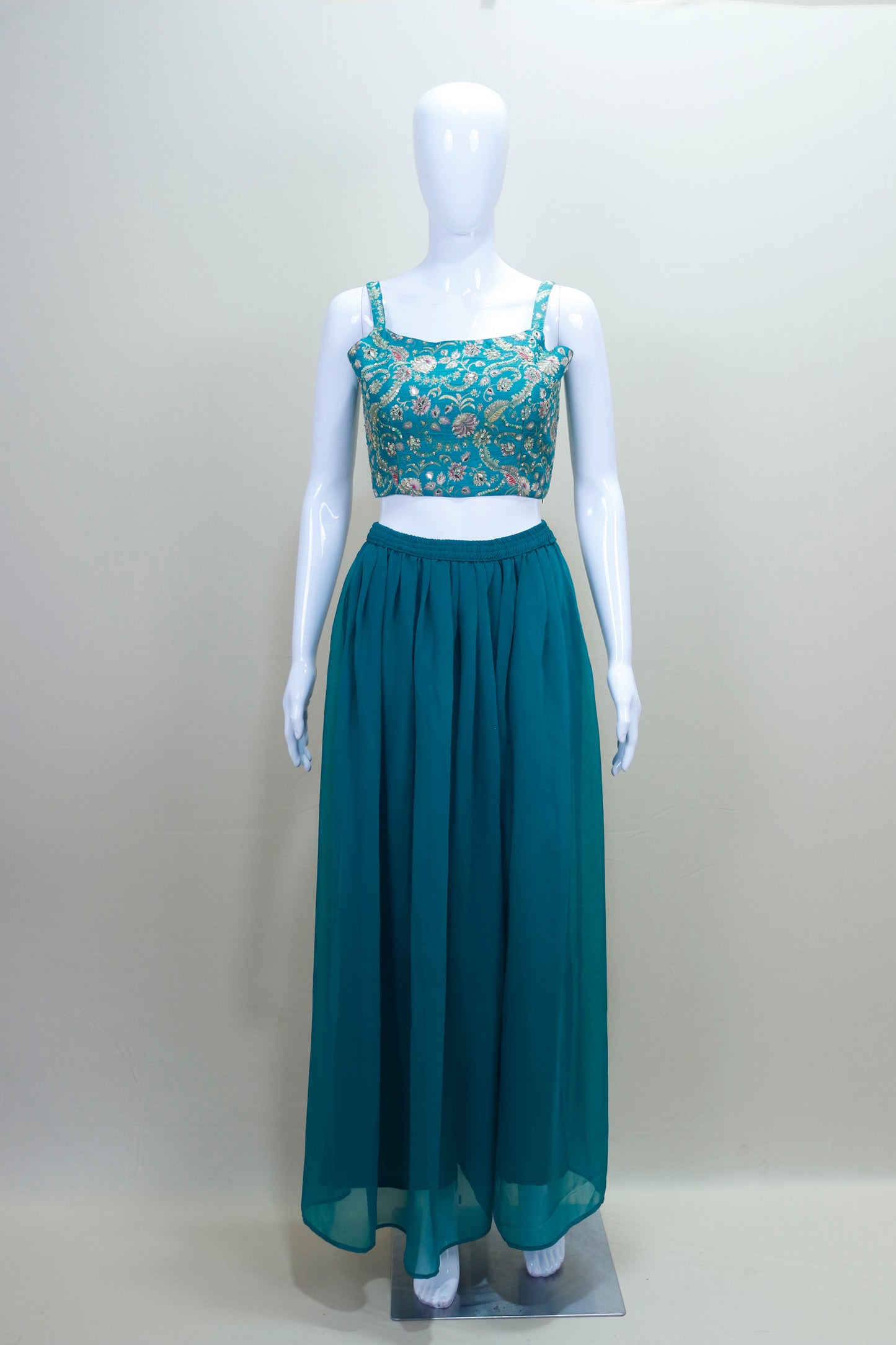 Teal Green Three Piece Crop Top Long Skirt Jacket Party Wear