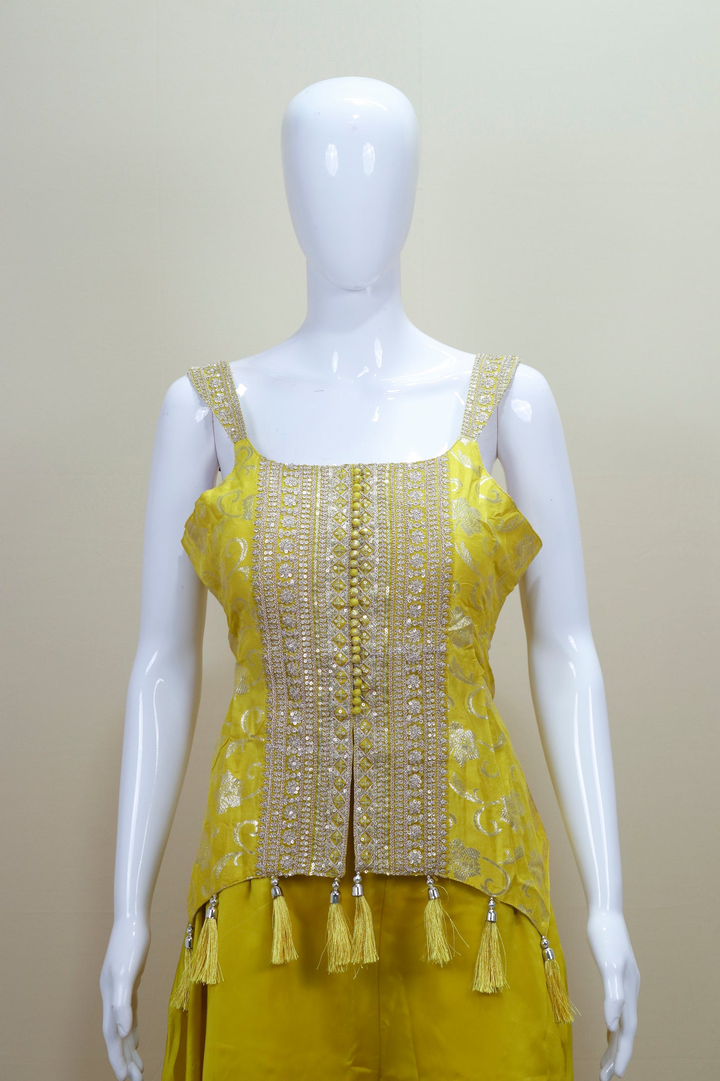 Designer Yellow Crop Top with Palazzo Pants Tassel Detailing