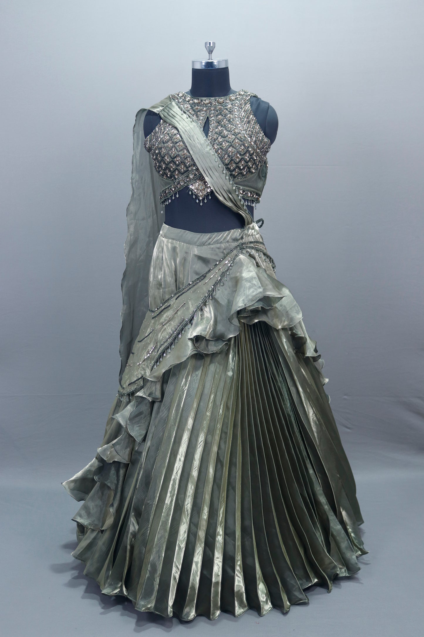 Designer Grey Lehenga Choli with Pleated Skirt Party Wear Outfit