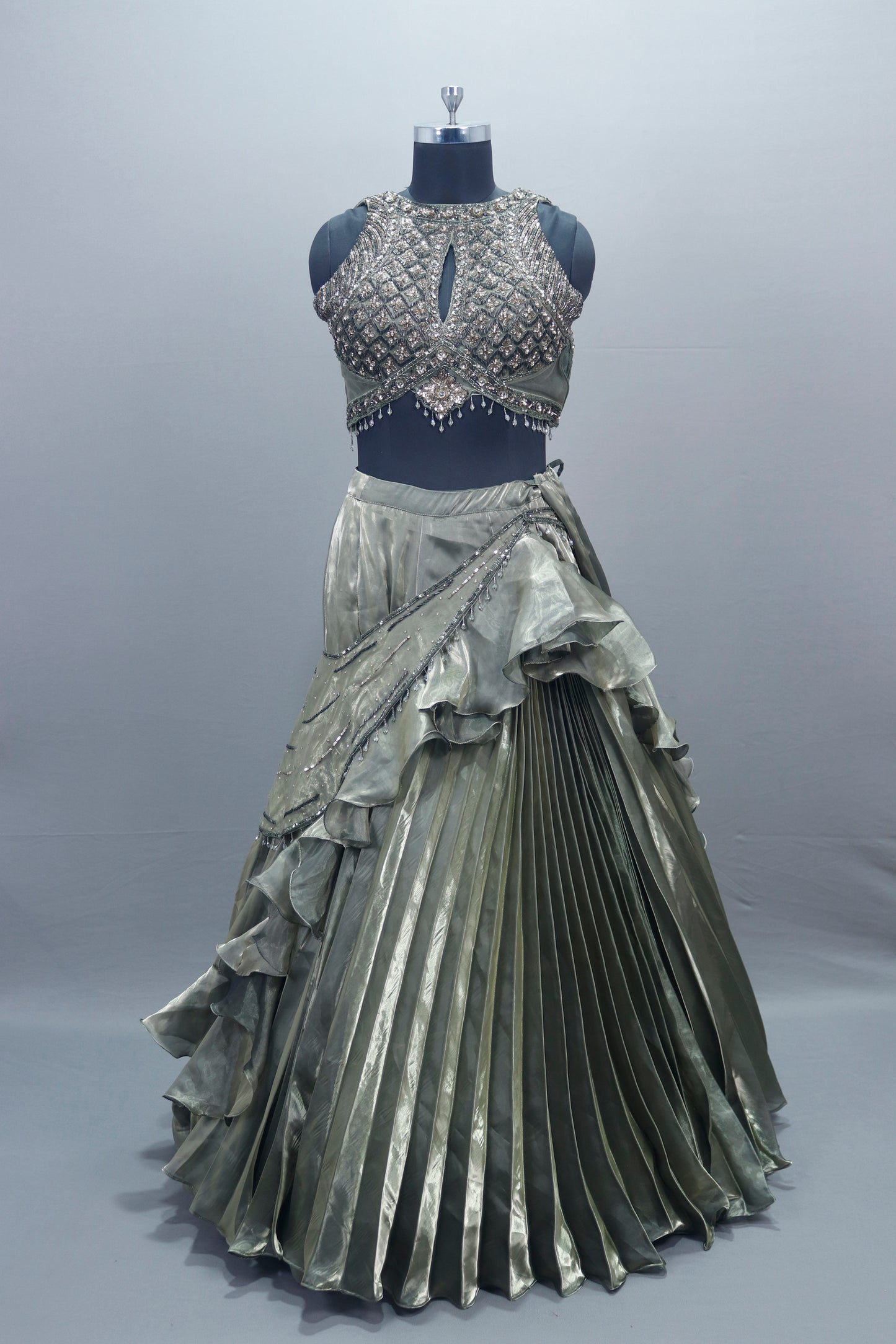 Designer Grey Lehenga Choli with Pleated Skirt Party Wear Outfit