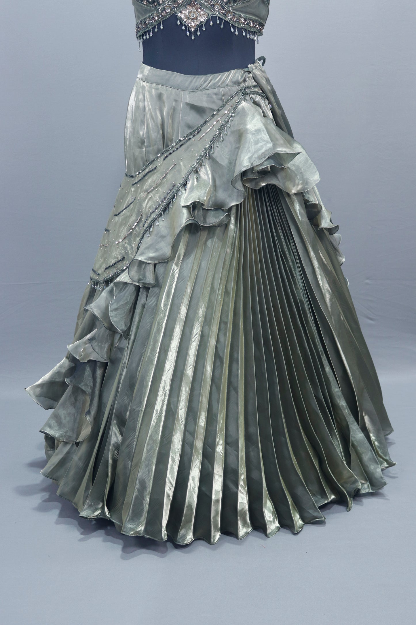 Designer Grey Lehenga Choli with Pleated Skirt Party Wear Outfit