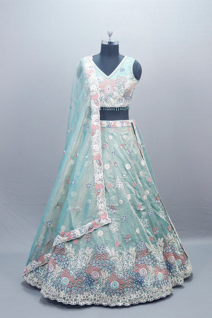 Pastel Blue Net Lehenga Choli with Dupatta Party Wear Lehenga