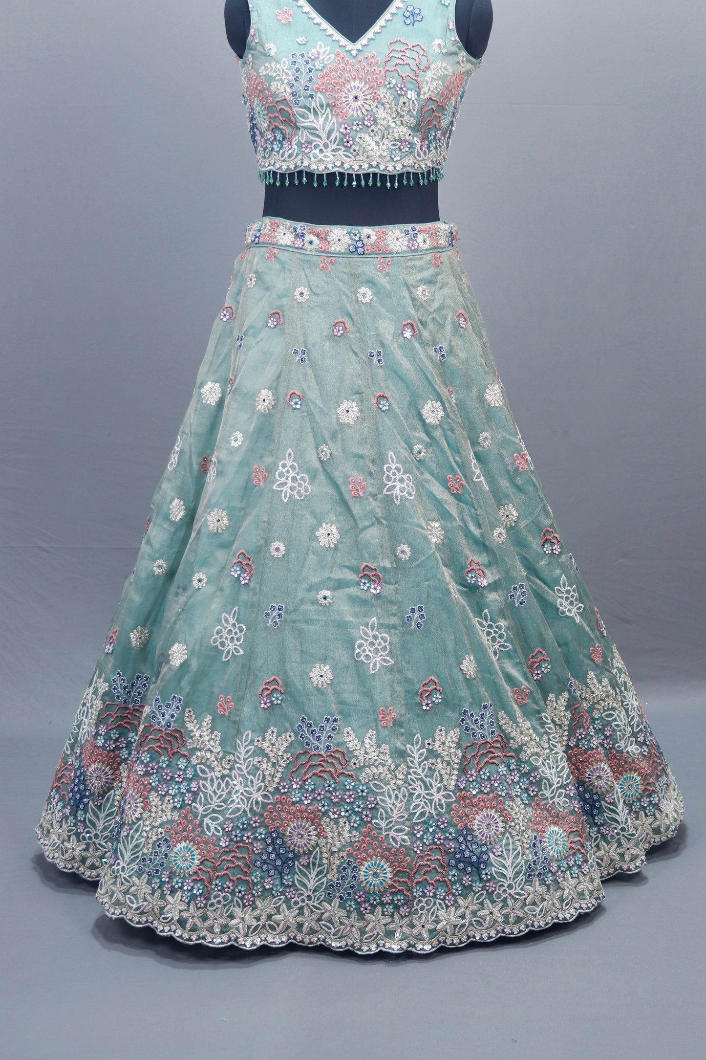 Cyan Green Net Lehenga Choli with Dupatta Party Wear Lehenga