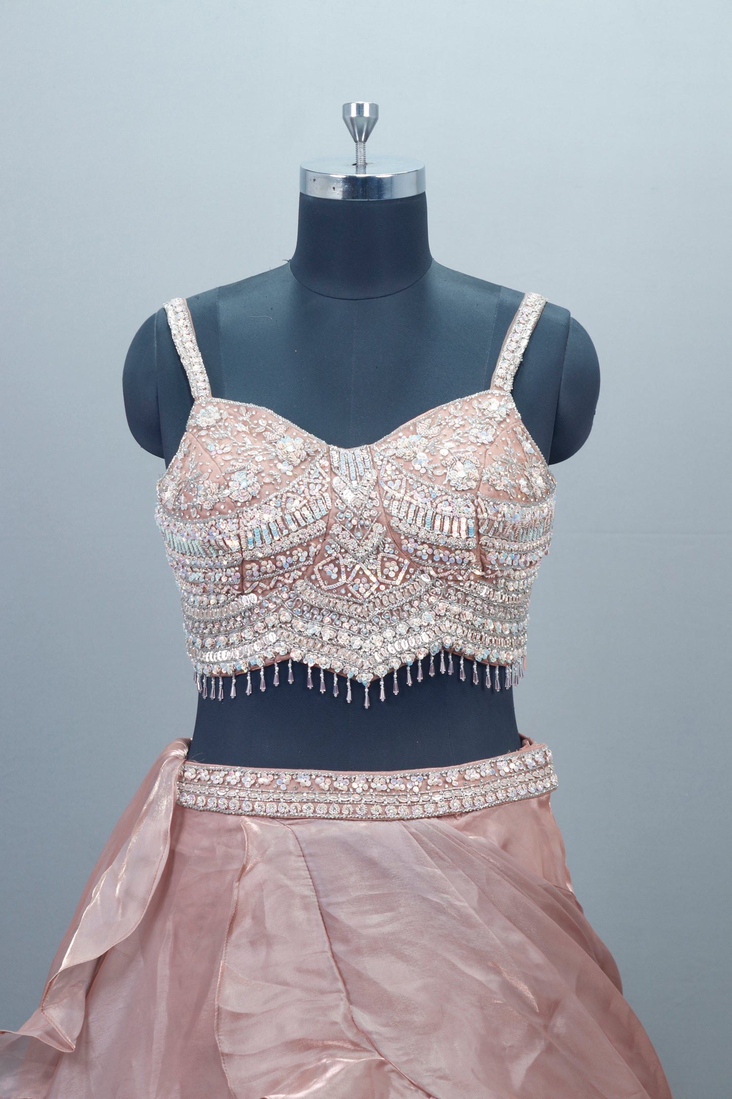 Designer Rose Gold Lehenga Choli Blouse and Sheer Cape Party Wear