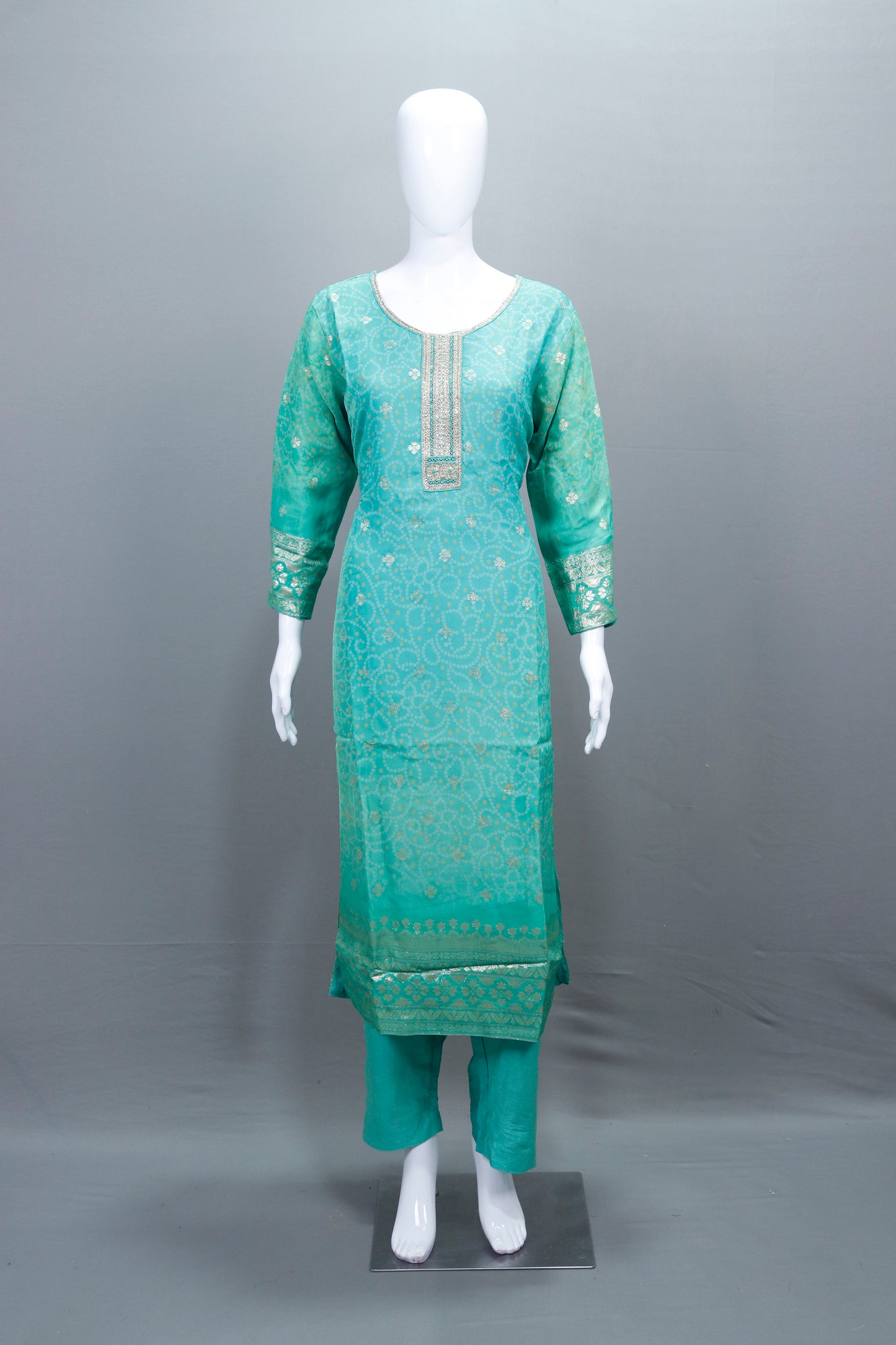 Elegant Green Straight Suit with Banarasi Dupatta Neckline Party Wear