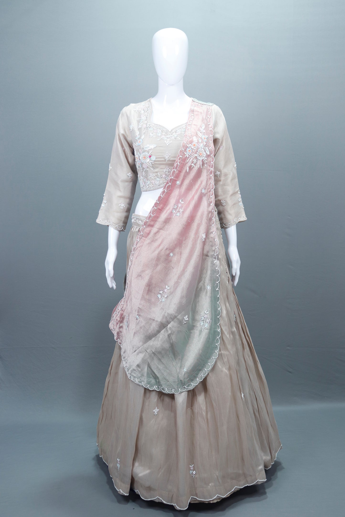 Beige Silk Lehenga Choli with Ombre Dupatta Bridal