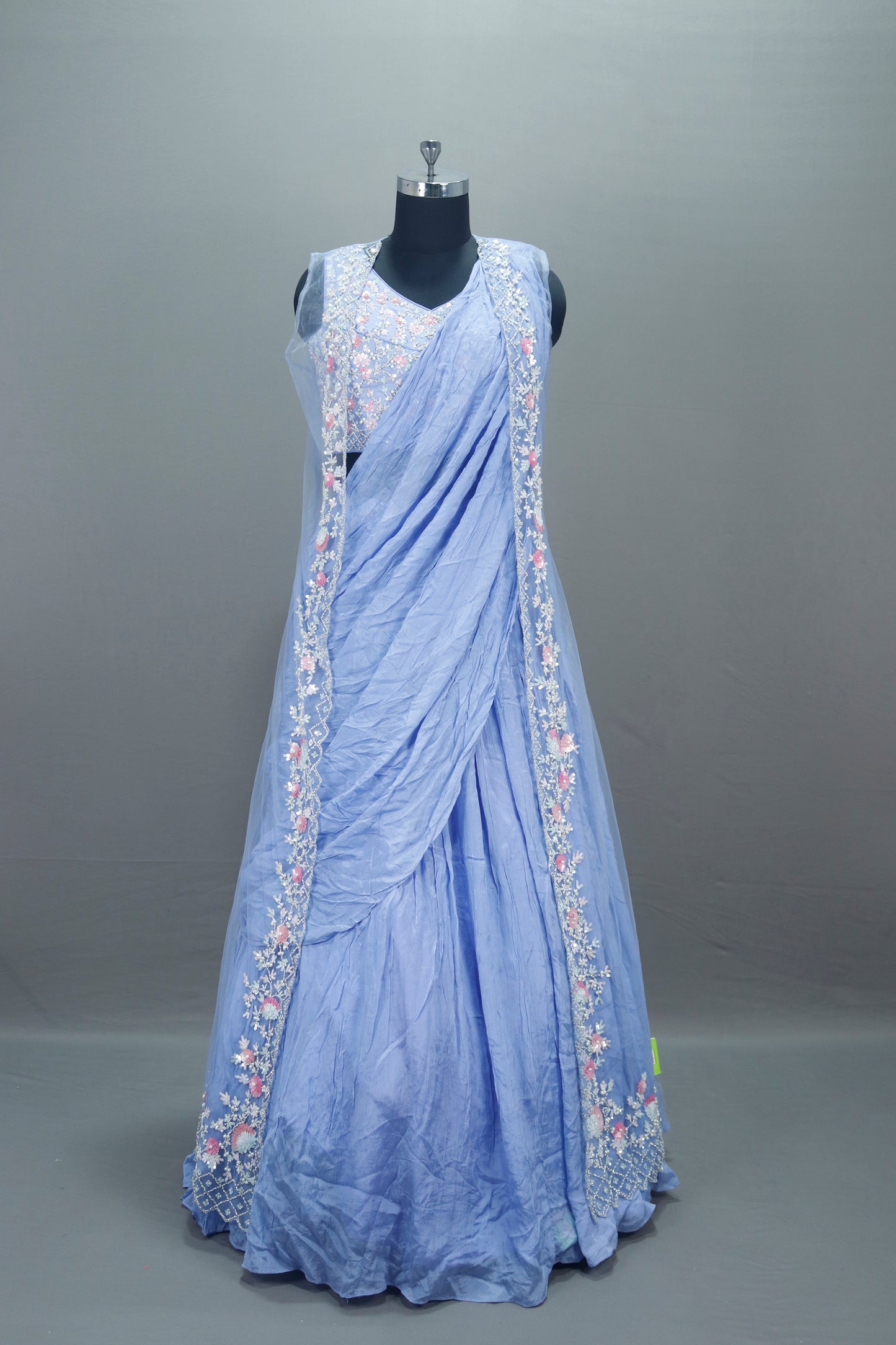 Icy Blue Drape Style Lehenga Choli with Dupatta Modern Party Wear
