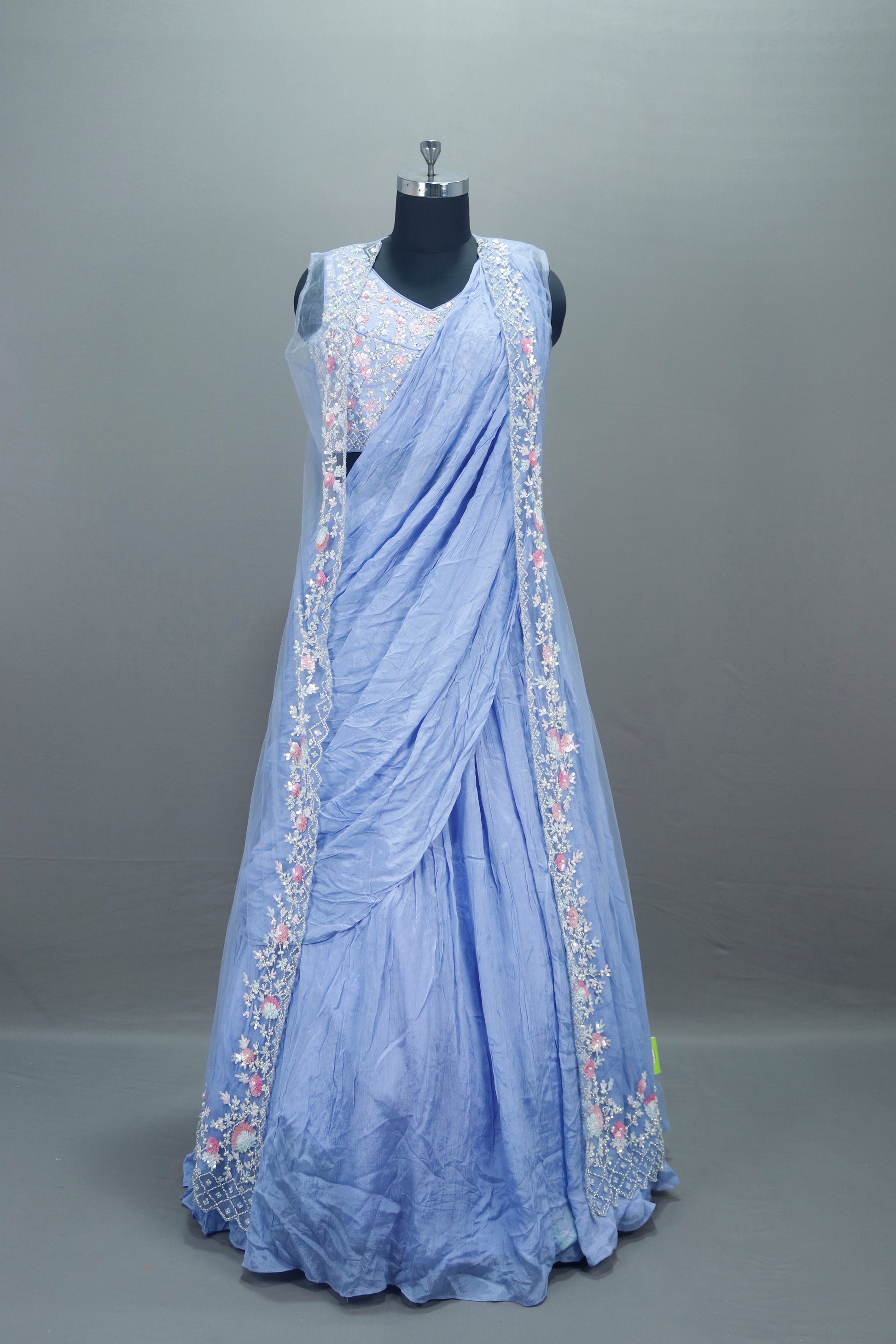 Icy Blue Drape Style Lehenga Choli with Dupatta Modern Party Wear