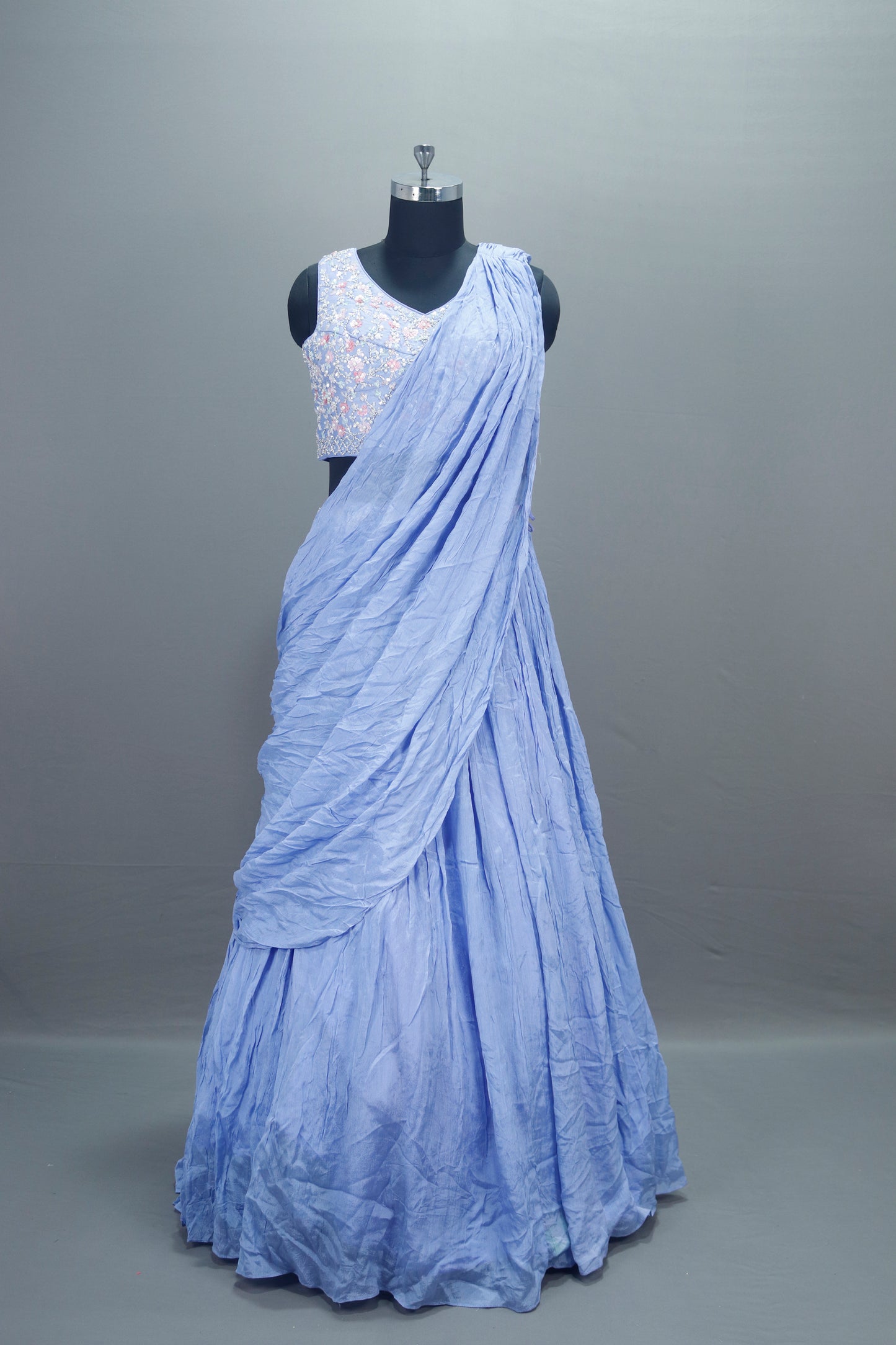 Icy Blue Drape Style Lehenga Choli with Dupatta Modern Party Wear