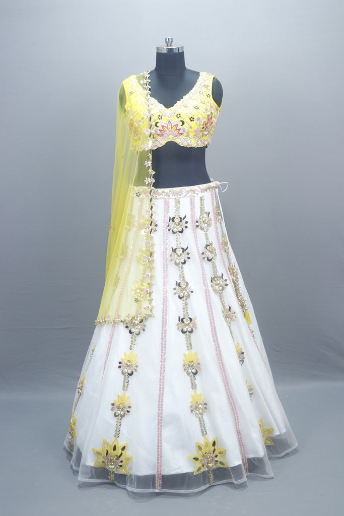 Yellow White Lehenga Choli with Dupatta Designer Party Wear