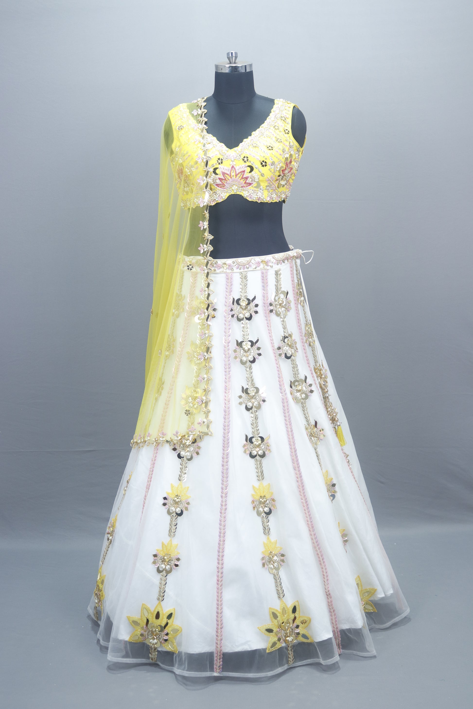 Yellow White Lehenga Choli with Dupatta Designer Party Wear