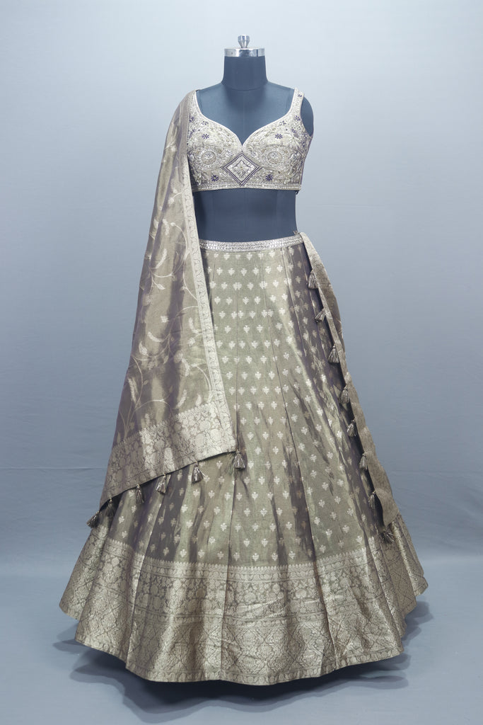 Olive Green Banarasi Silk Lehenga Choli Blouse Dupatta