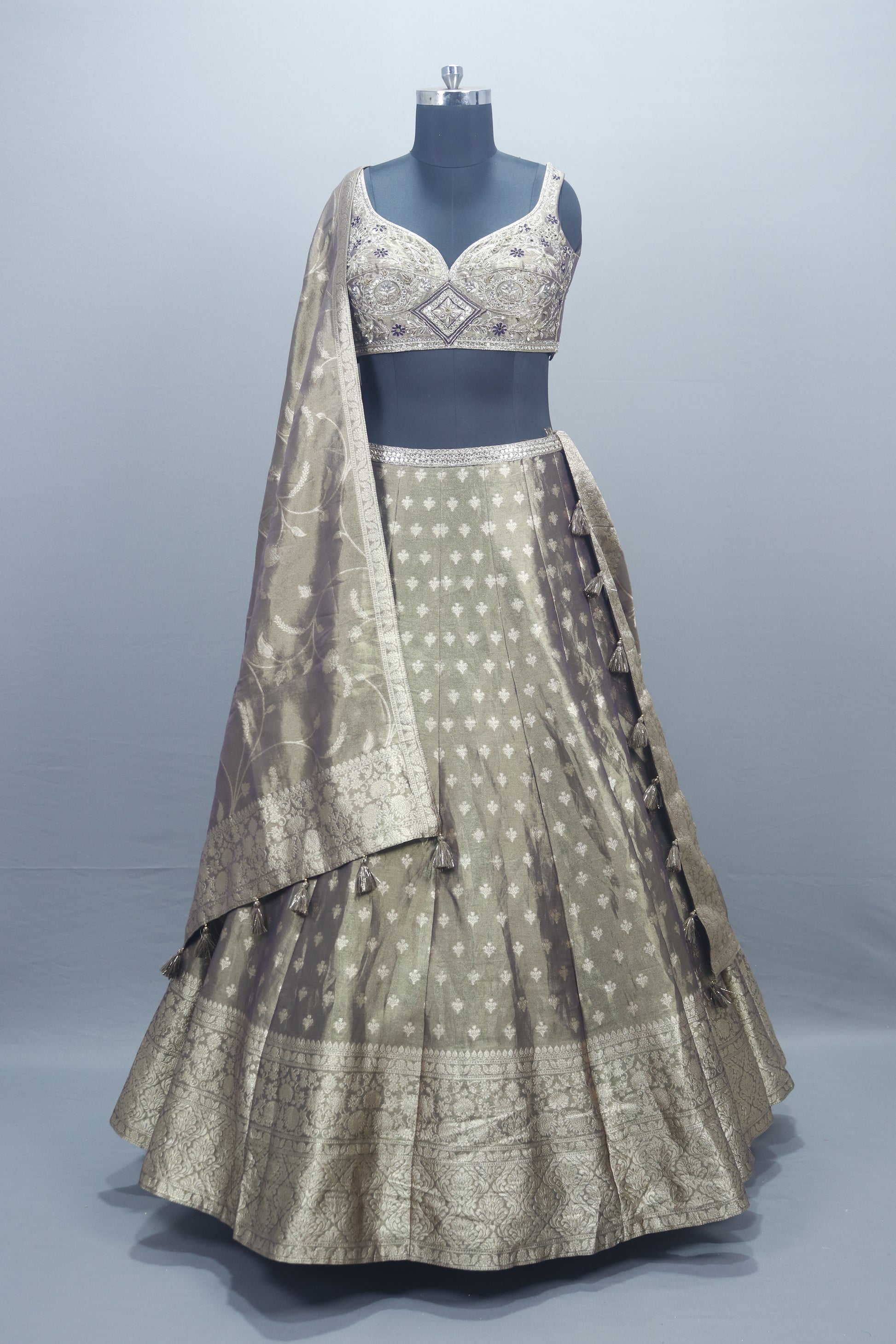 Olive Green Banarasi Silk Lehenga Choli Blouse Dupatta