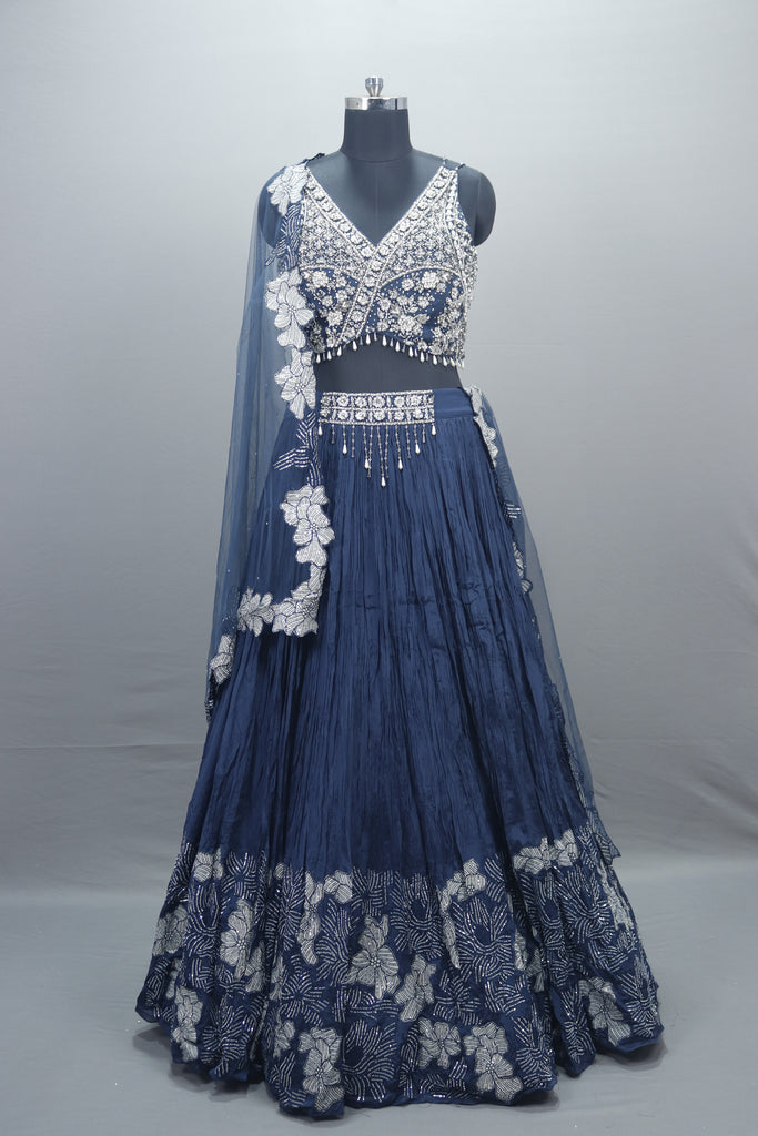 Designer Navy Blue Embroidered Silk Lehenga Choli with Dupatta