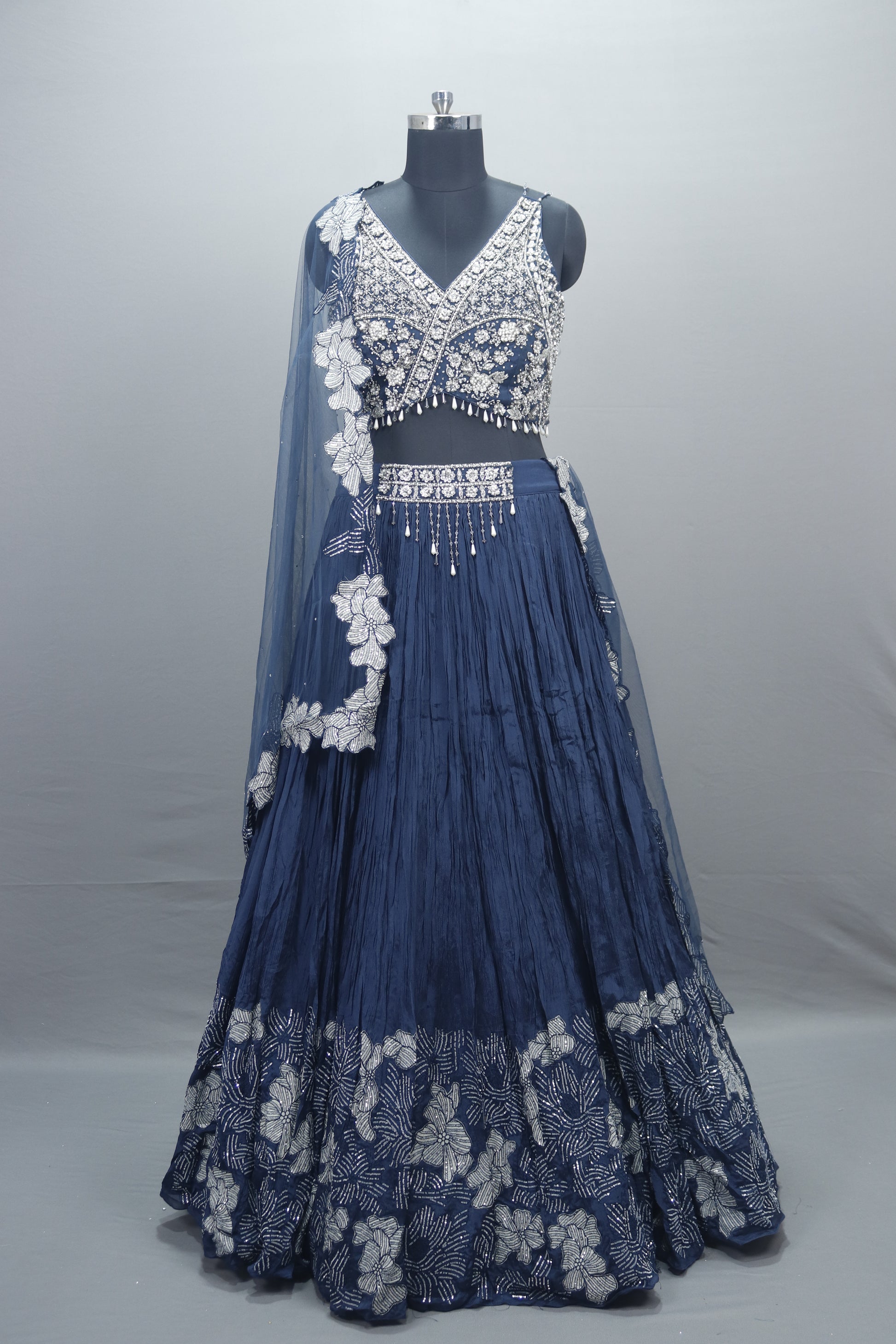 Designer Navy Blue Embroidered Silk Lehenga Choli with Dupatta