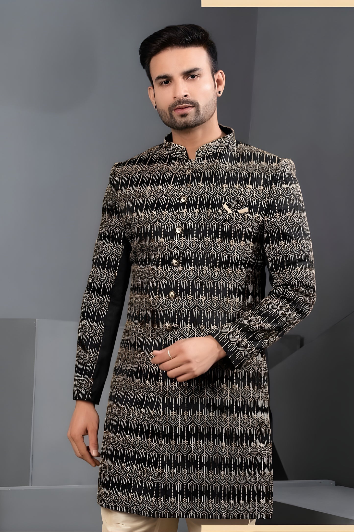 Stunning Black Art Silk Jacquard Designer Indo Western Suit with Pyjama for Wedding
