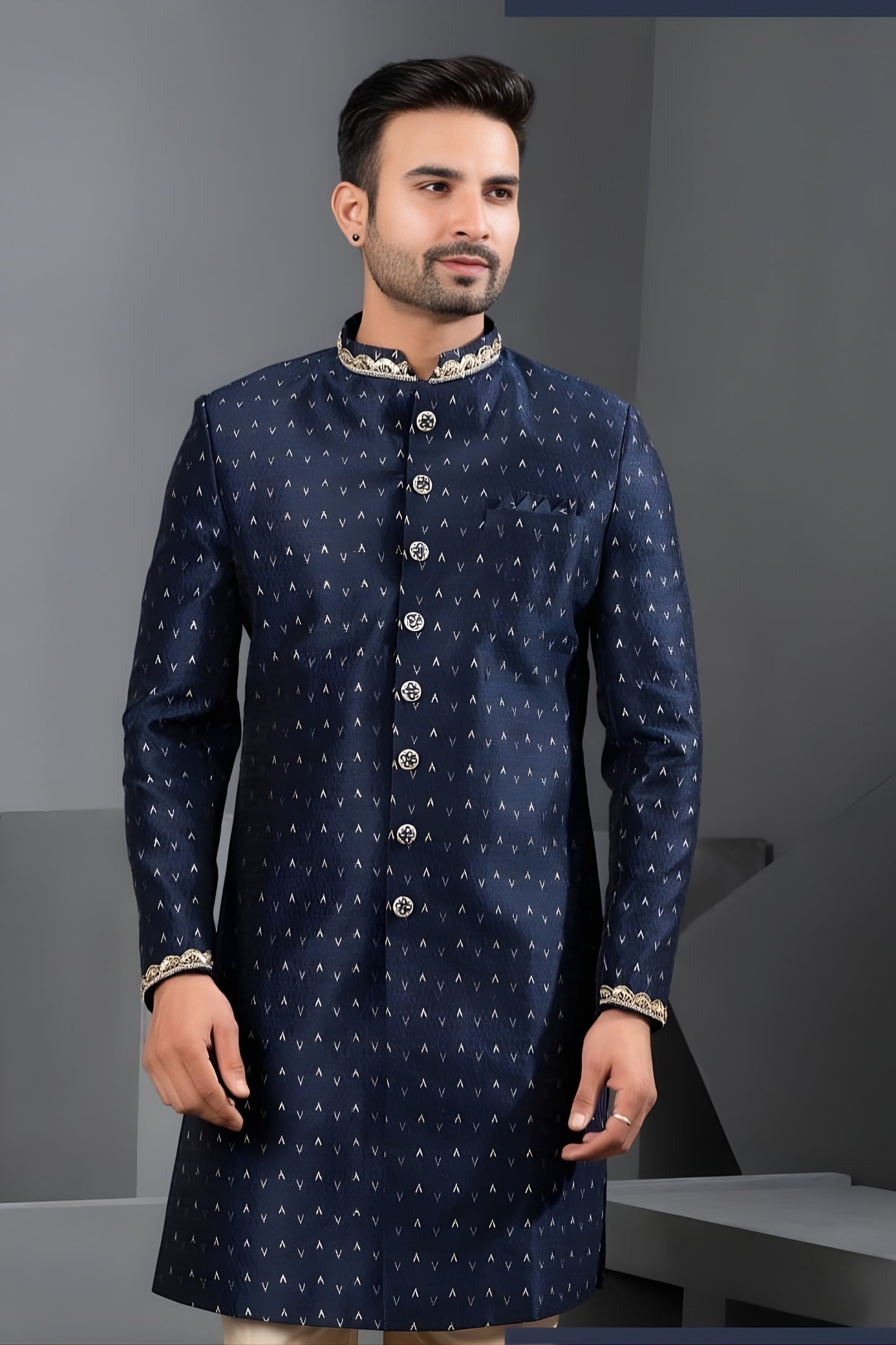 Royal Navy Blue Art Silk Embroidered Designer Indo Western Suit with Pyjama for Wedding