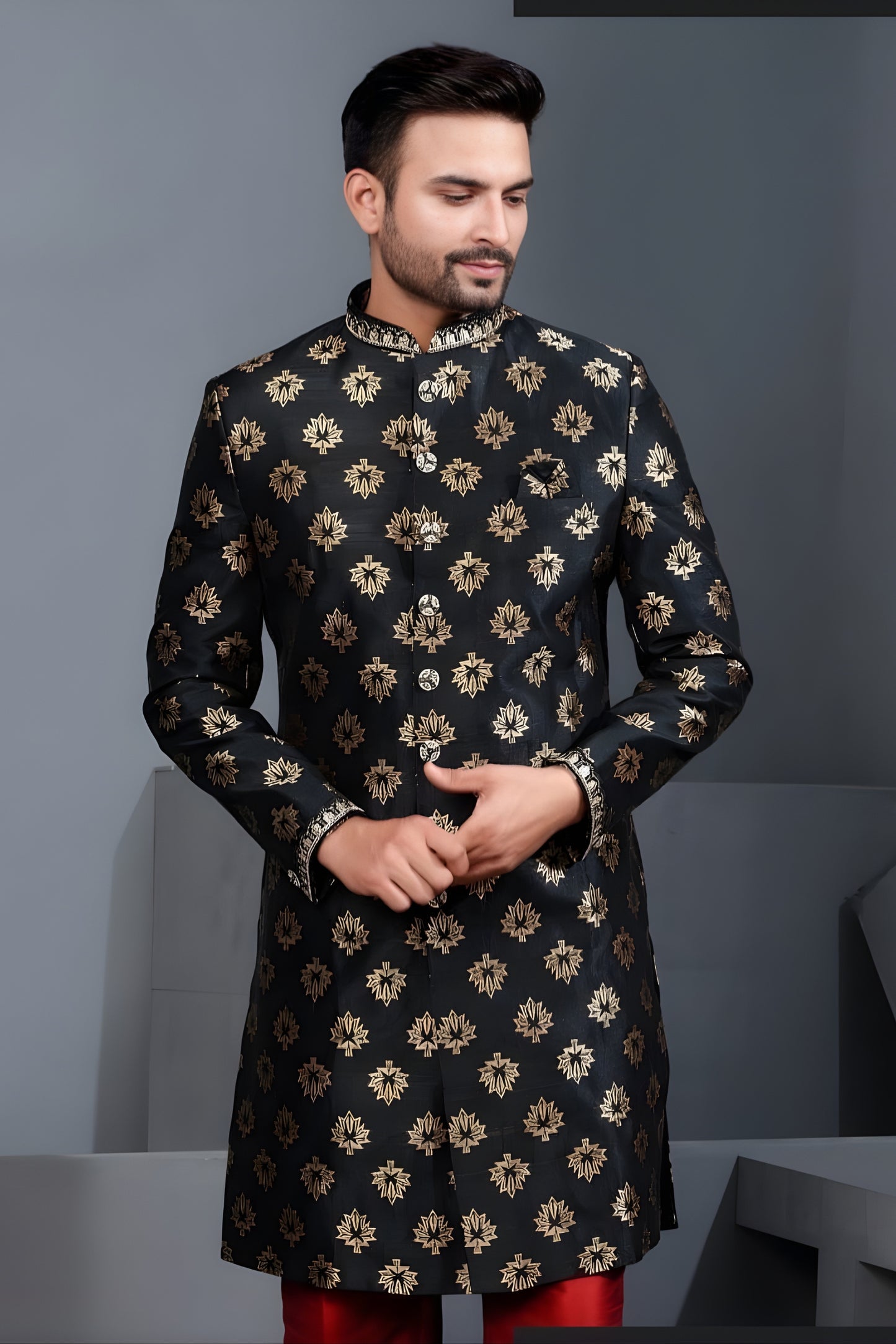 Stylish Black Art Silk Embroidered Designer Indo Western Suit with Pyjama for Wedding
