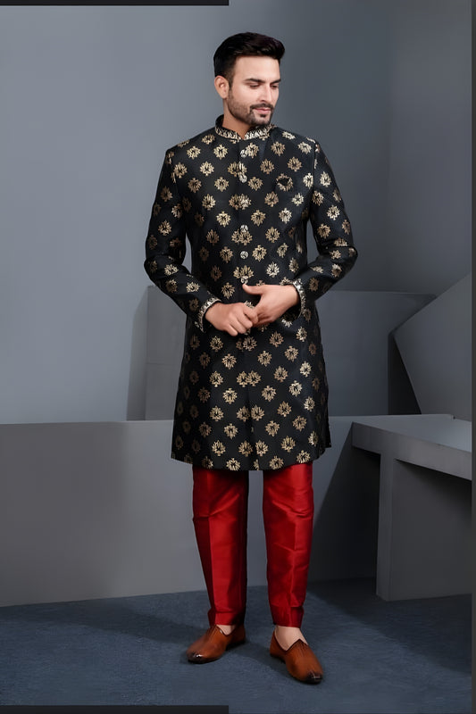 Stylish Black Art Silk Embroidered Designer Indo Western Suit with Pyjama for Wedding