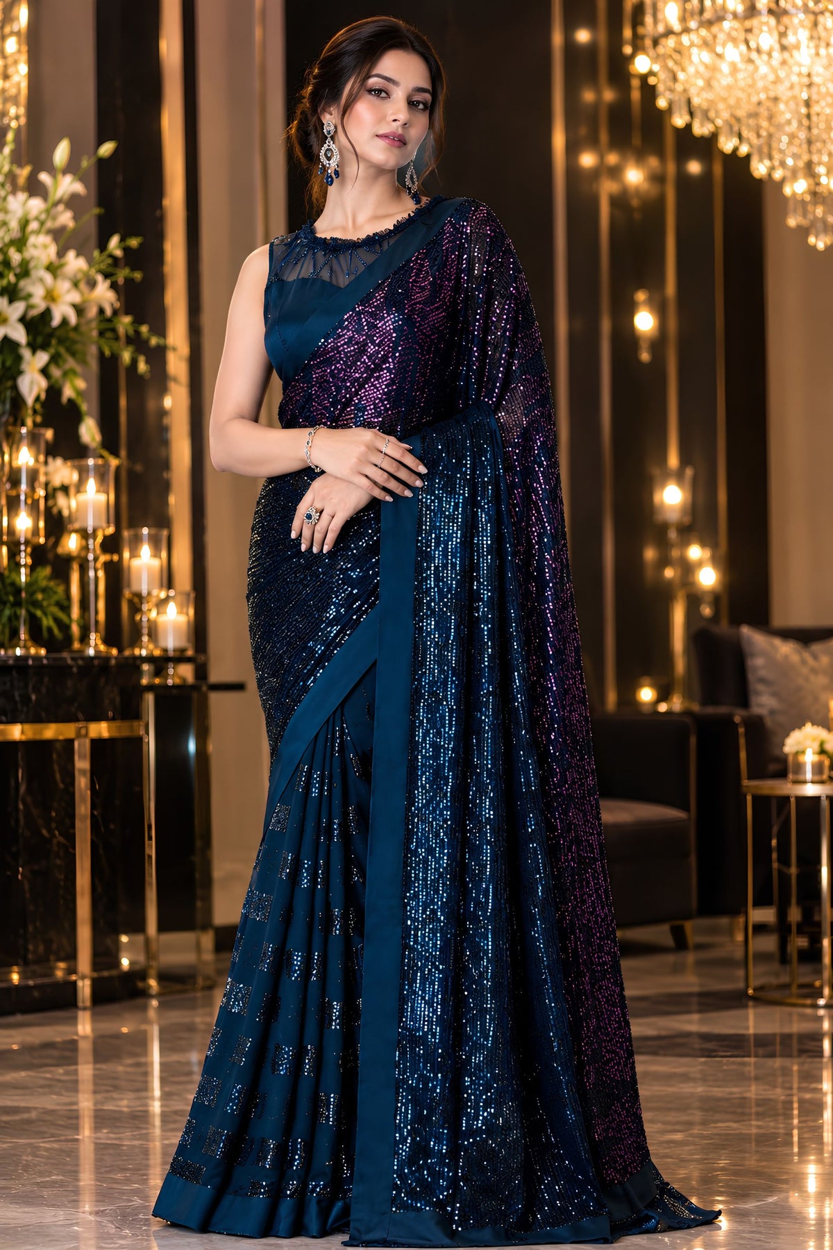 Mesmerizing Navy Blue Georgette Silk Saree Sequin Work for Women